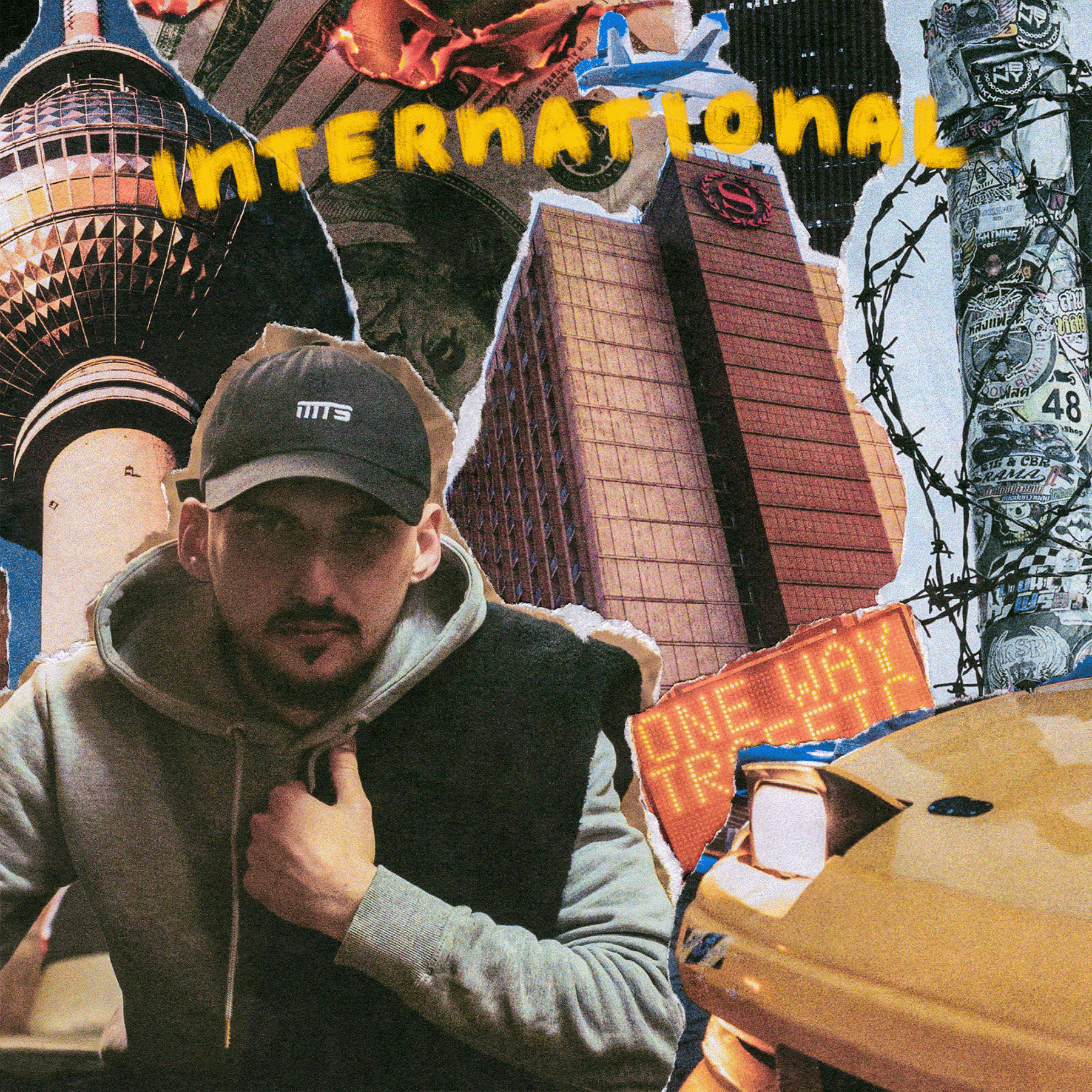 collage of buildings, car and a person 