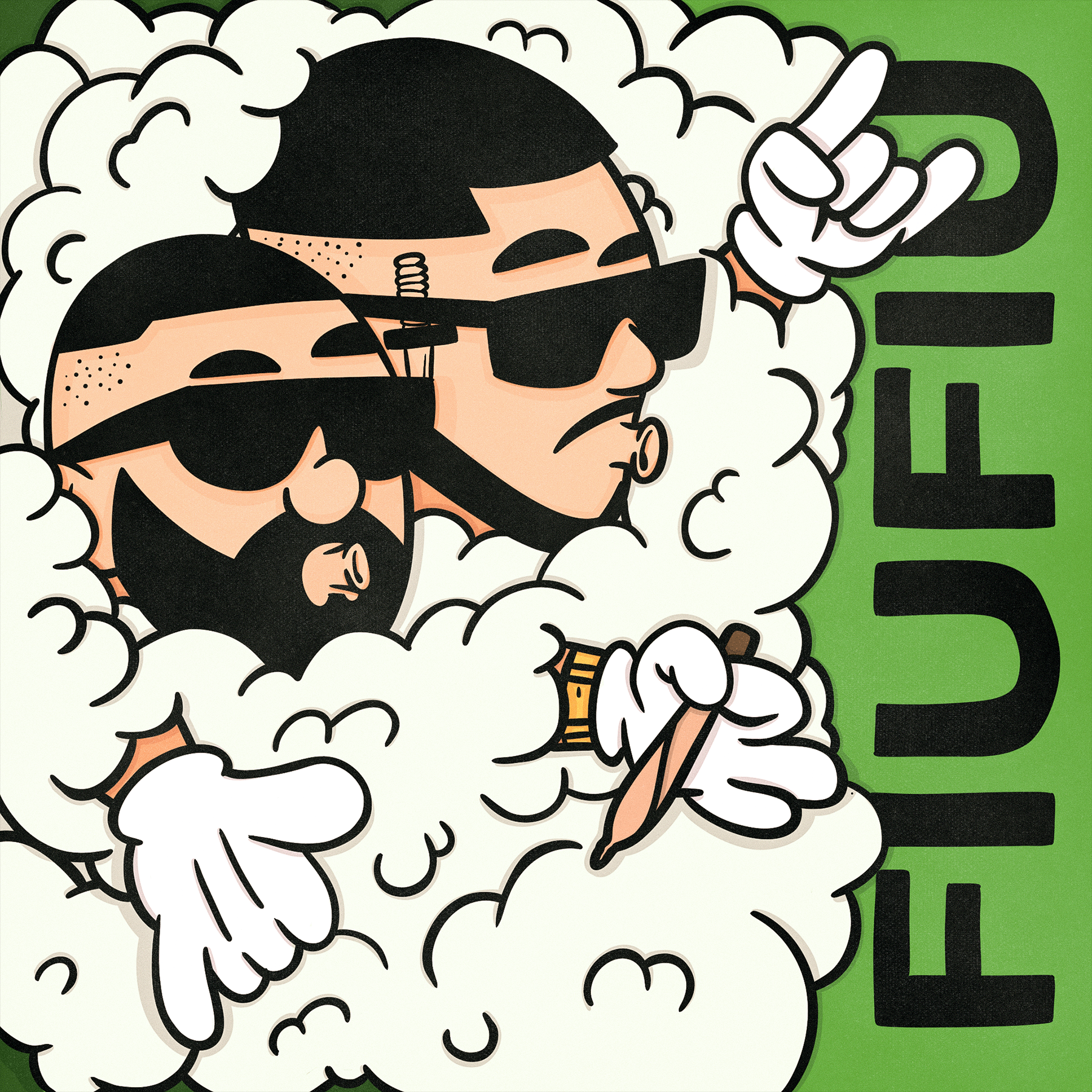 illustration of a two dudes coming out of big pile of smoke