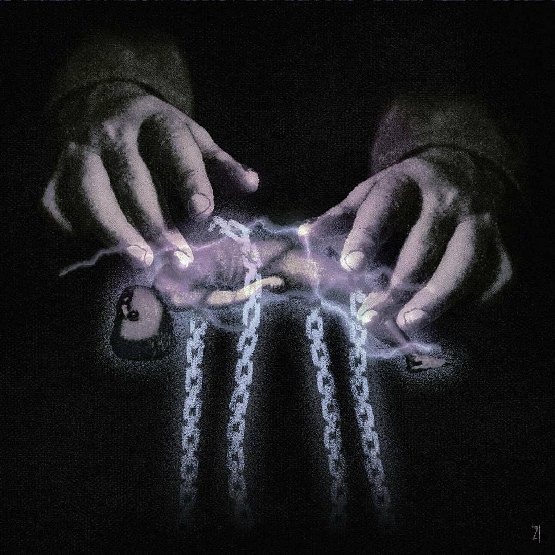 creepy person wrapped in chain with big god like hands over their body