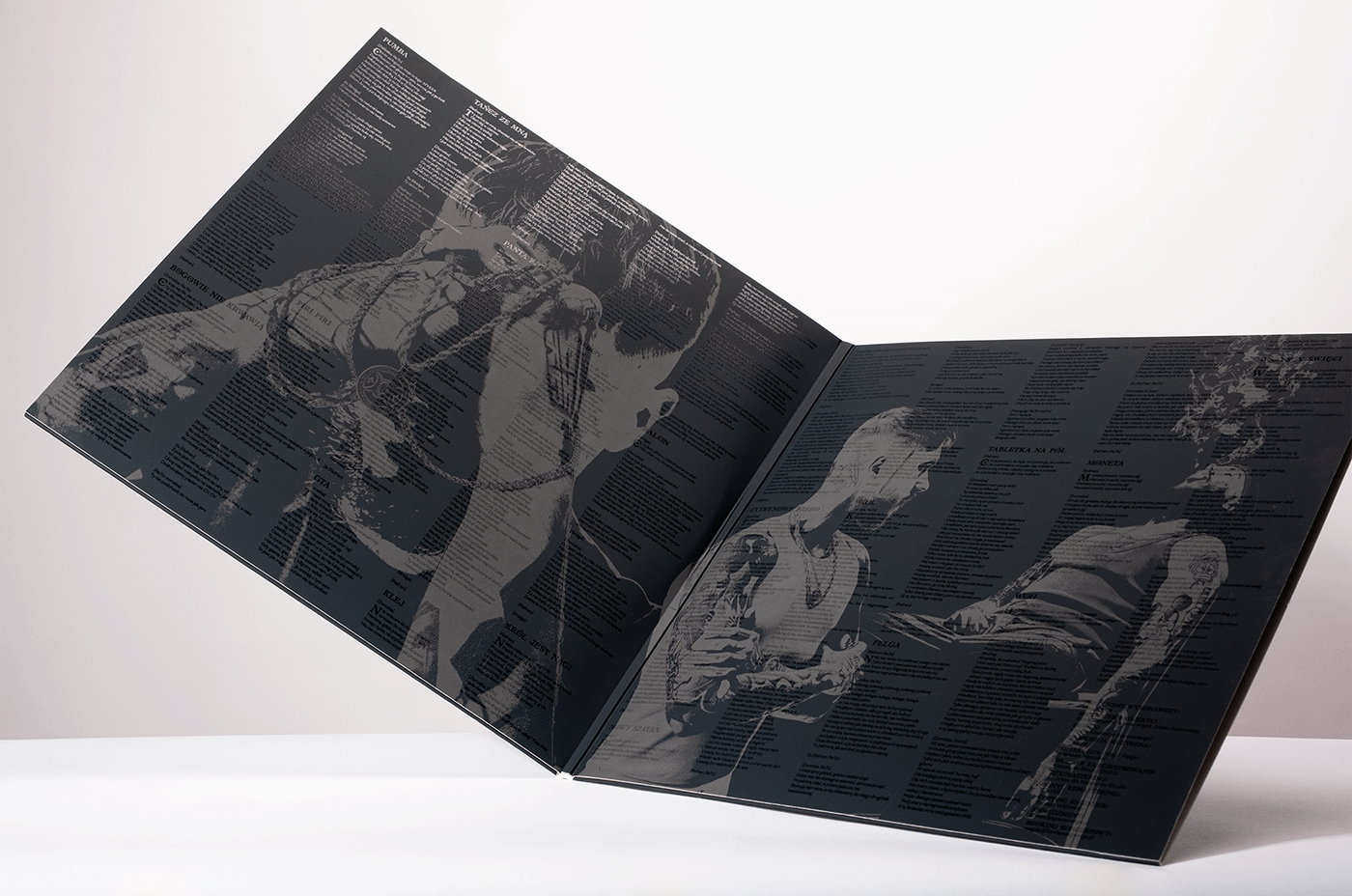 opened gatefold with grey illustration and typography