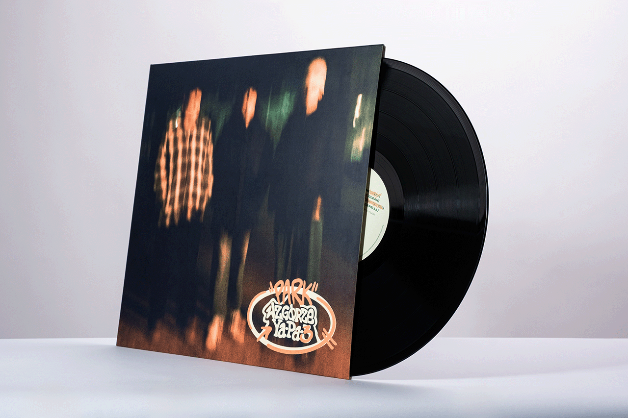 product photo of a vinyl packaging with black vinyl record sticking out of cover