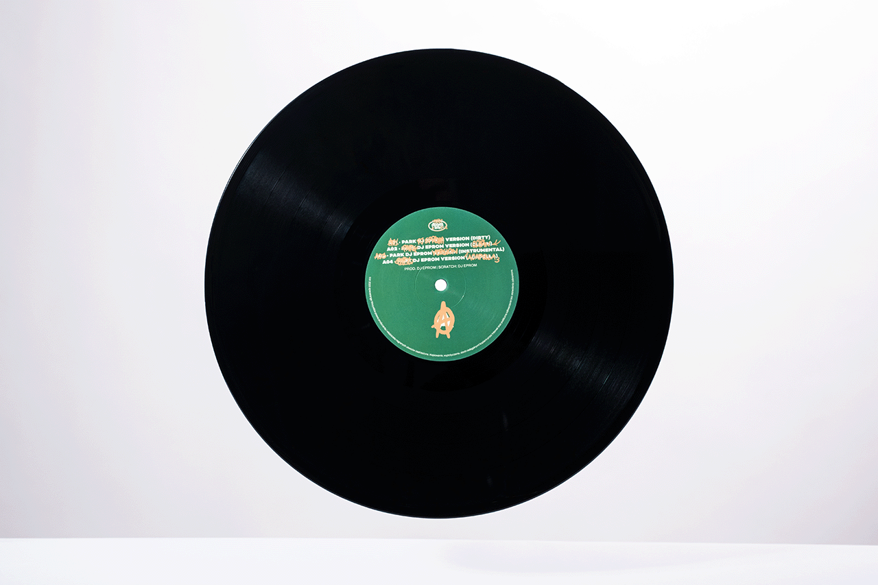 black vinyl levitating in white space