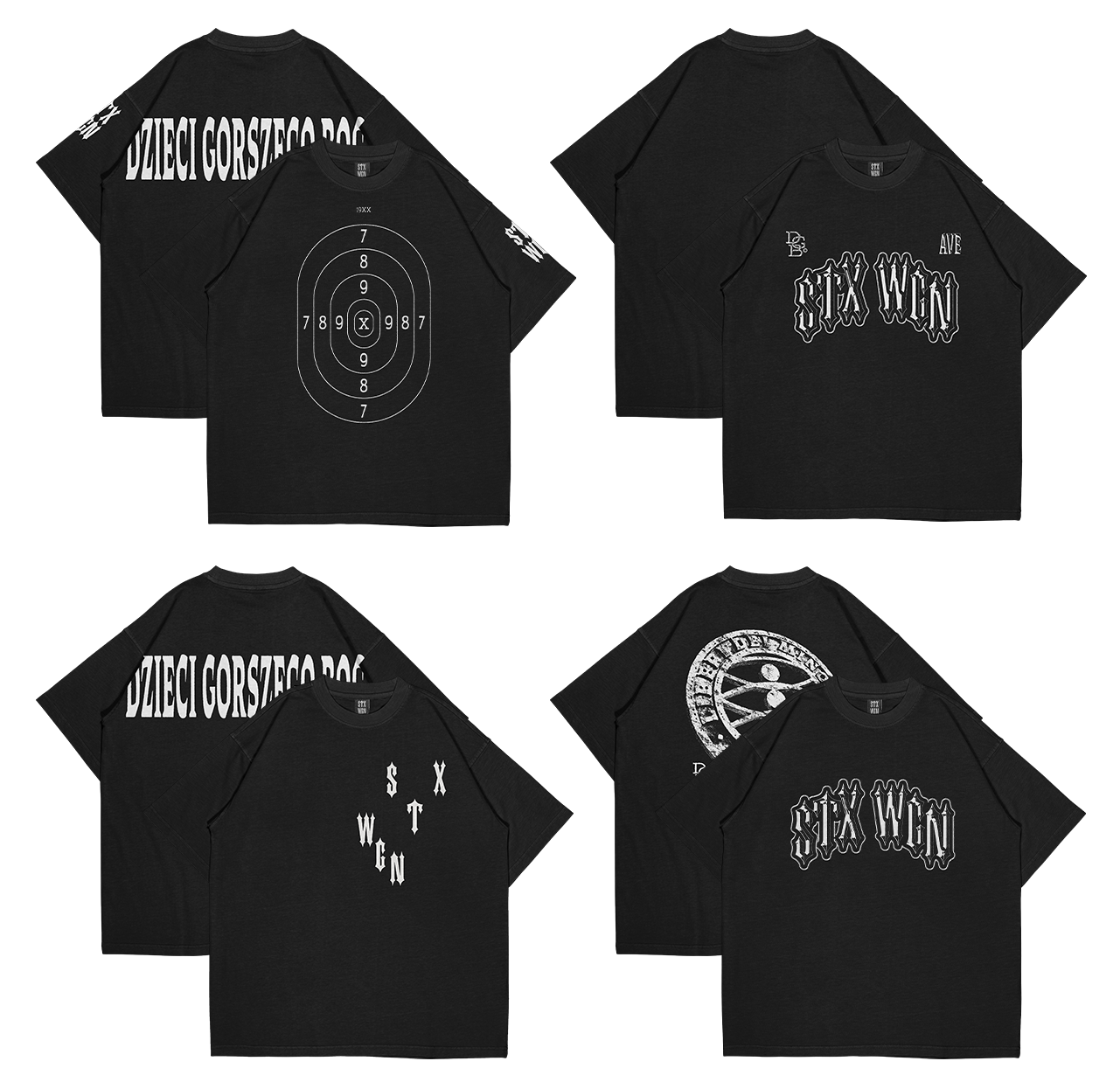 Four black T-shirts showing front and back views with white graphic designs including a target, stylized text 'STX WGN', scattered letters, and block text on sleeves and backs.