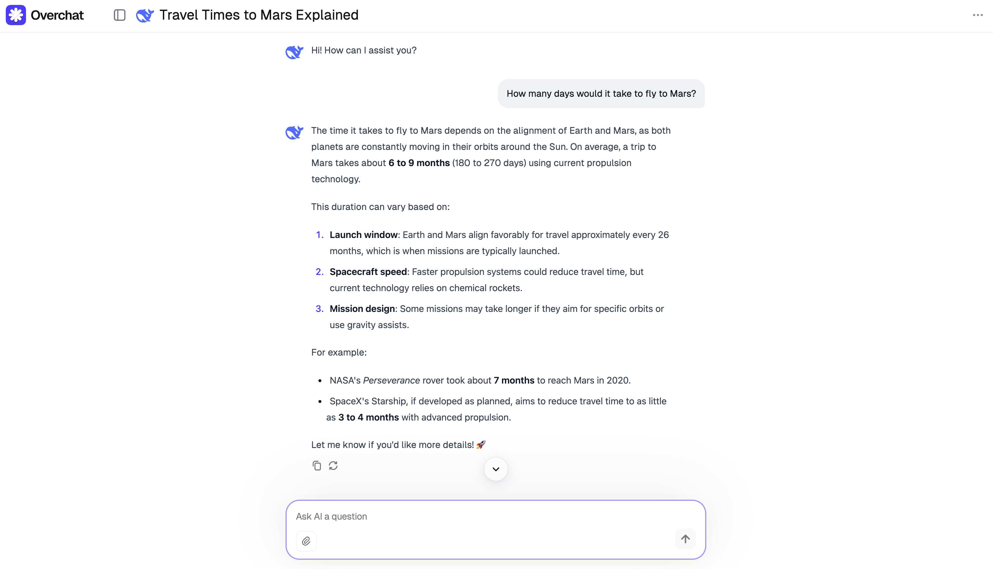 Overchat AI displaying Deepseek V3's explanation of Mars travel time, including launch windows, spacecraft speed, and mission design.