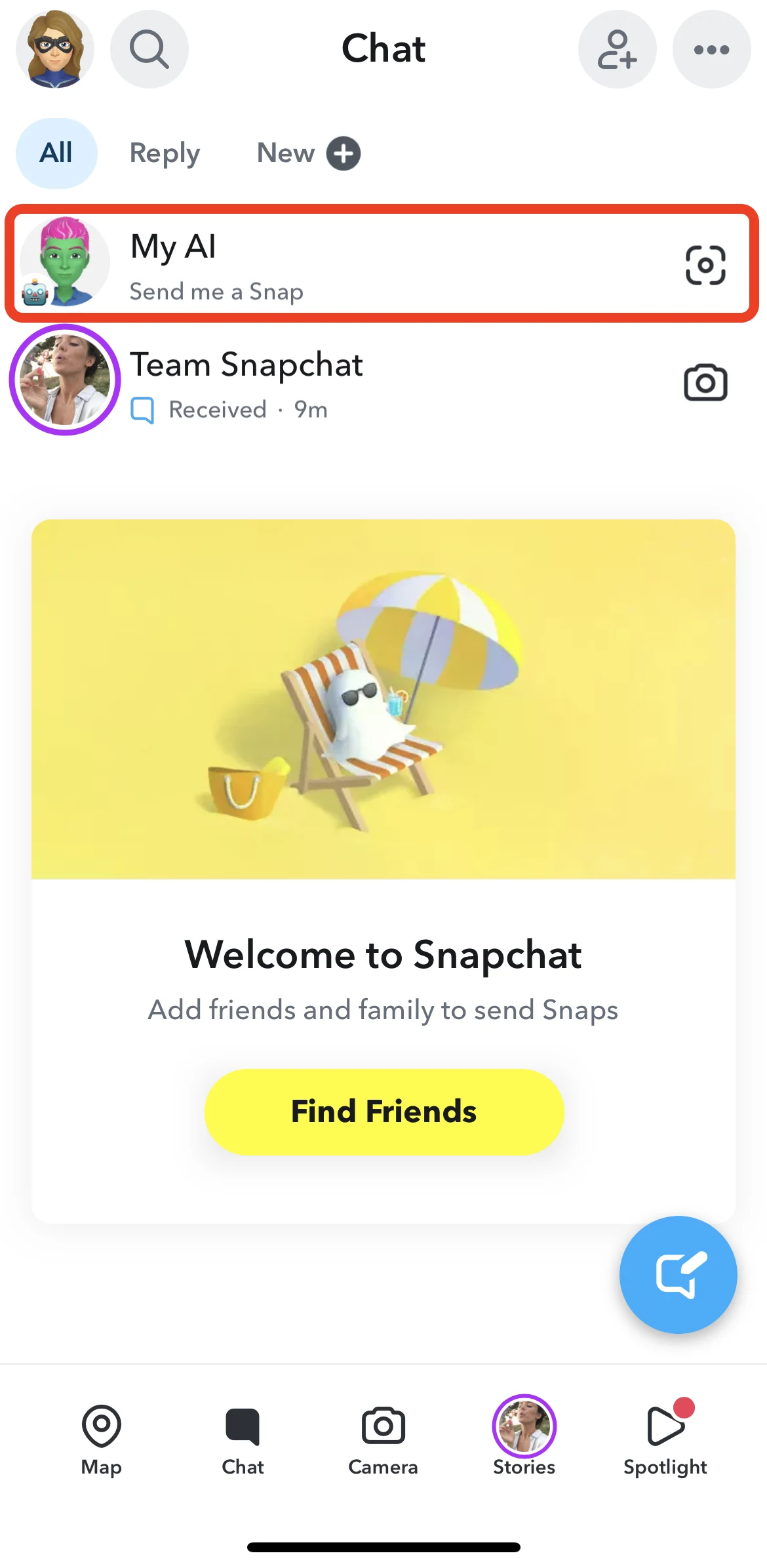 Snapchat chat feed shows "My AI" pinned at the top above other conversations.