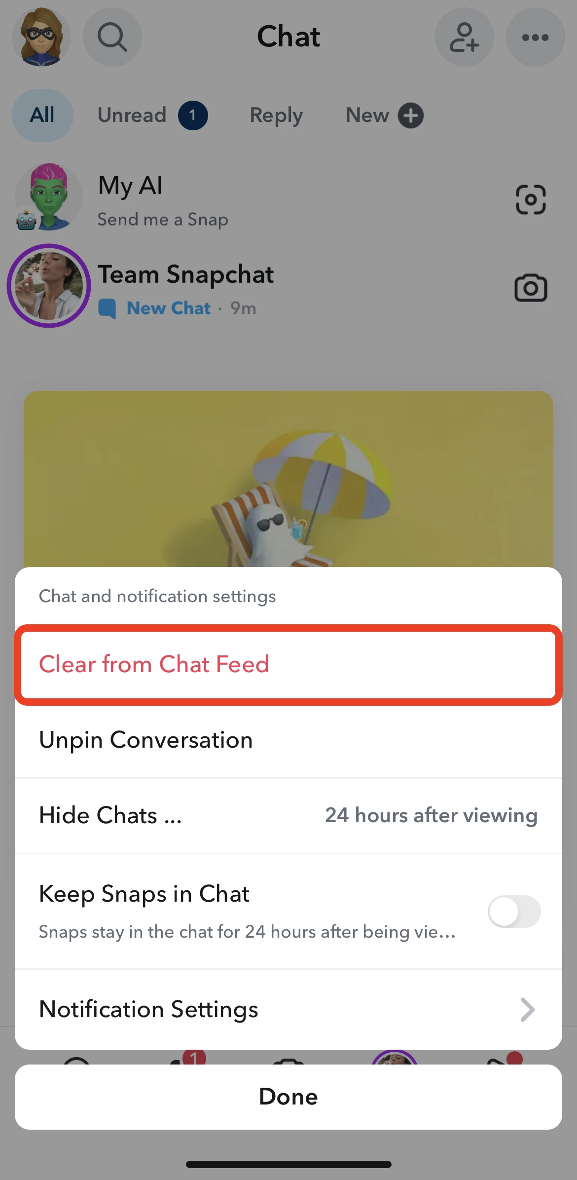 The "Clear from Chat Feed" option is highlighted in Snapchat’s chat settings menu.