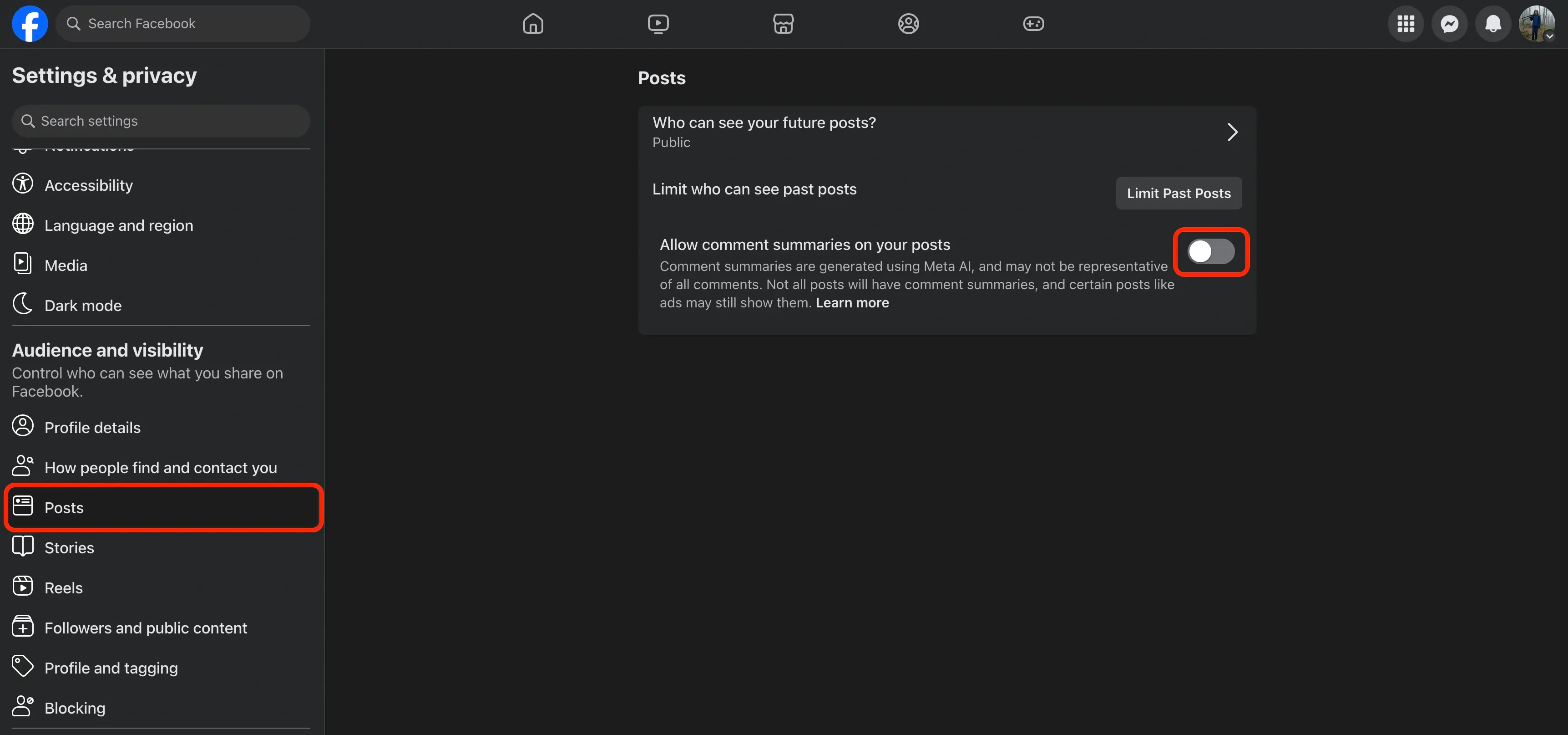 Facebook desktop settings page with the Posts section open, showing the toggle to turn off Meta AI comment summaries.