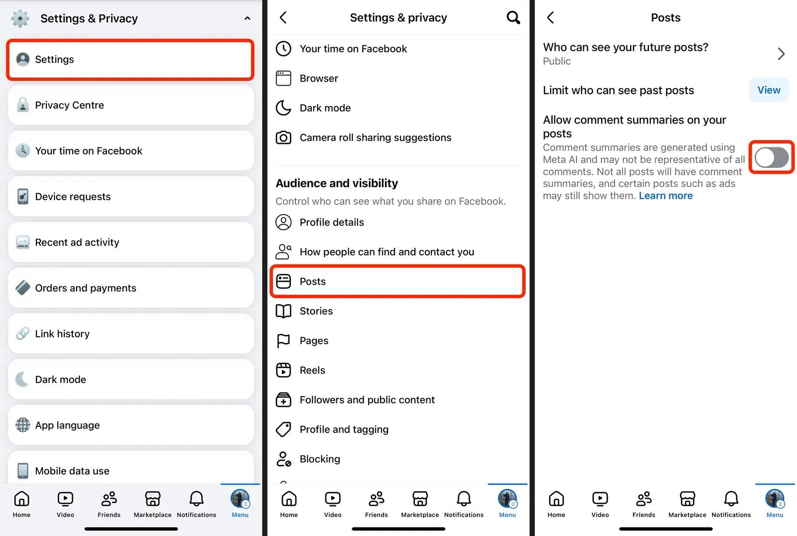 Three screenshots from the Facebook mobile app settings showing how to turn off Meta AI comment summaries under the Posts section.