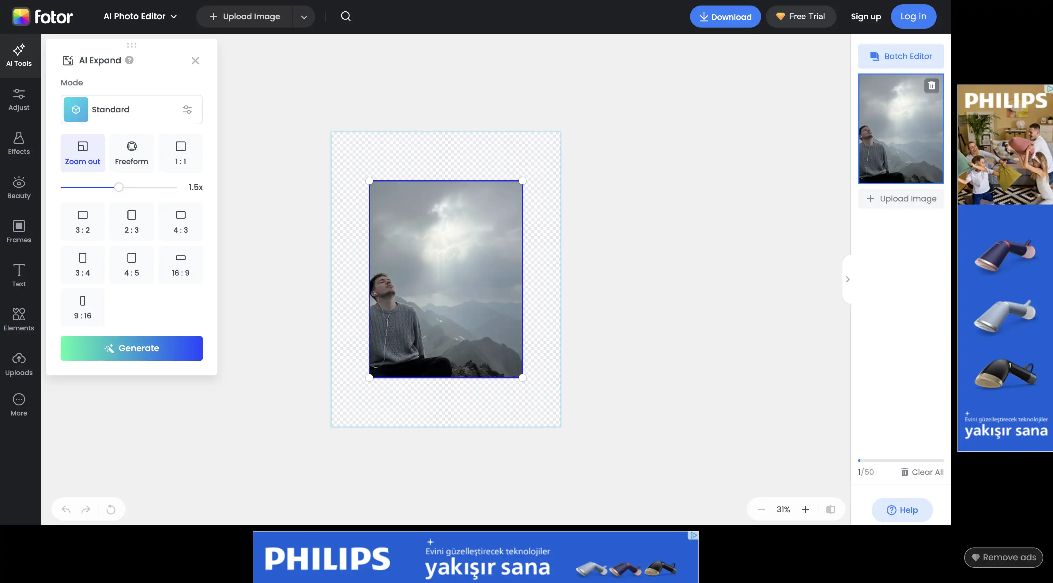 Fotor AI image extender shows ads on a free version