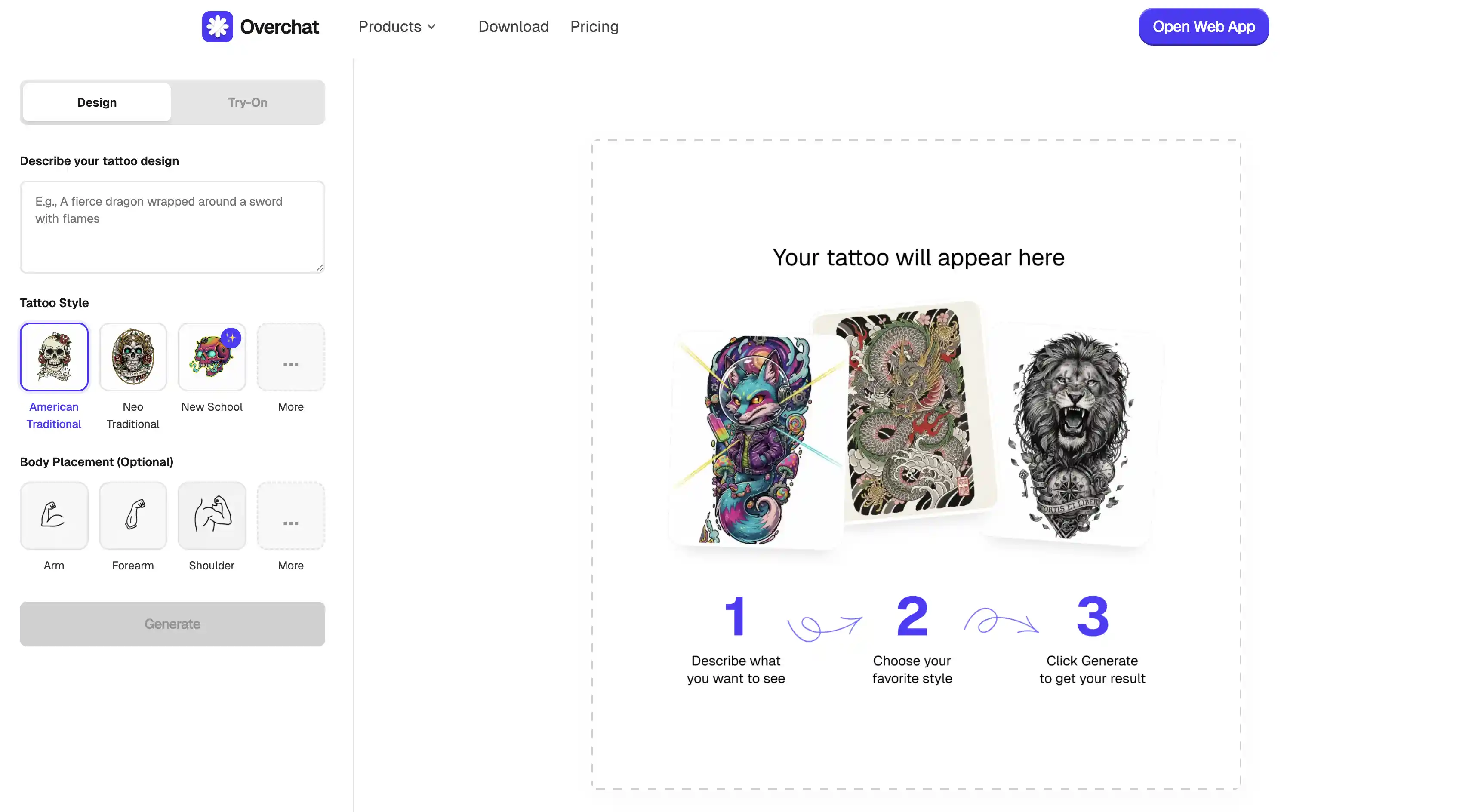 Overchat AI tattoo generator home page