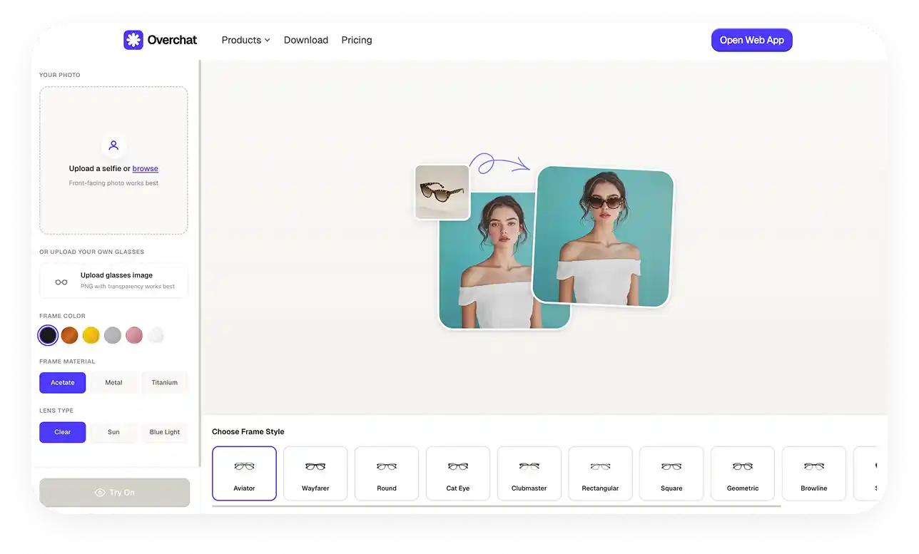 Overchat AI virtual glasses try-on