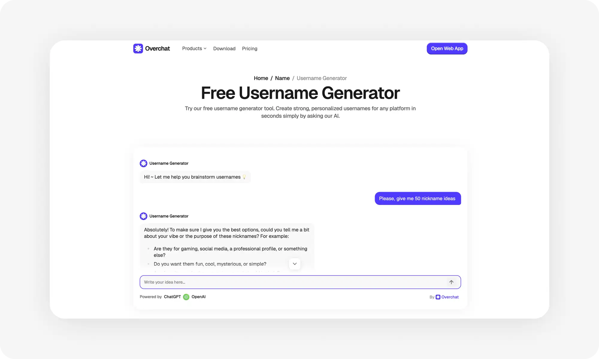 Overchat AI free username generator