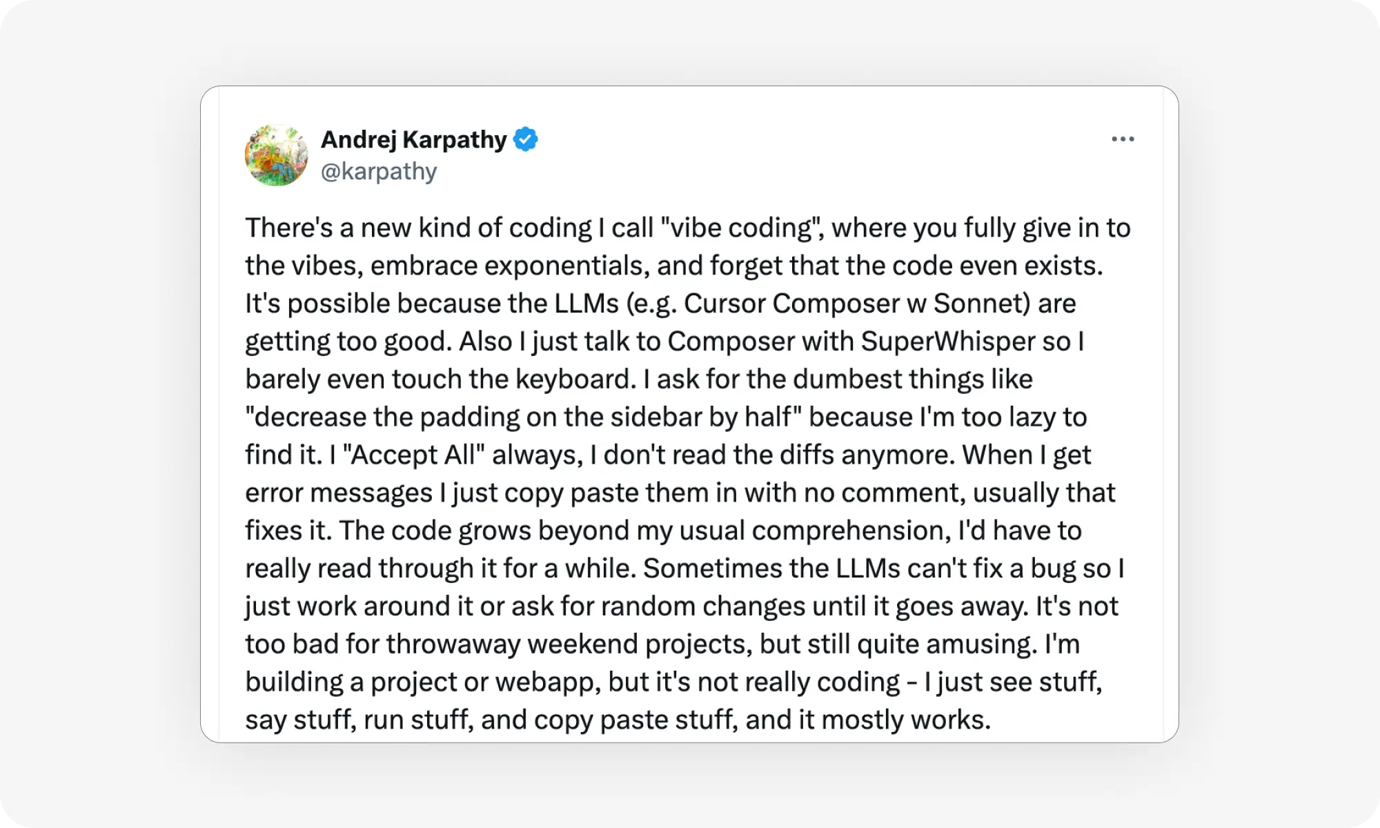 A tweet about vibe coding by Andrej Karpathy