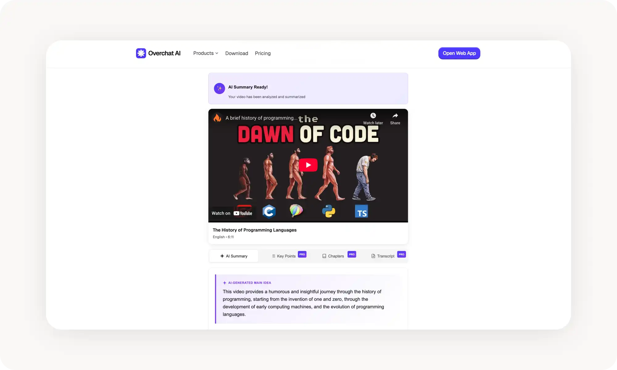 Overchat AI YouTube Video Summarizer