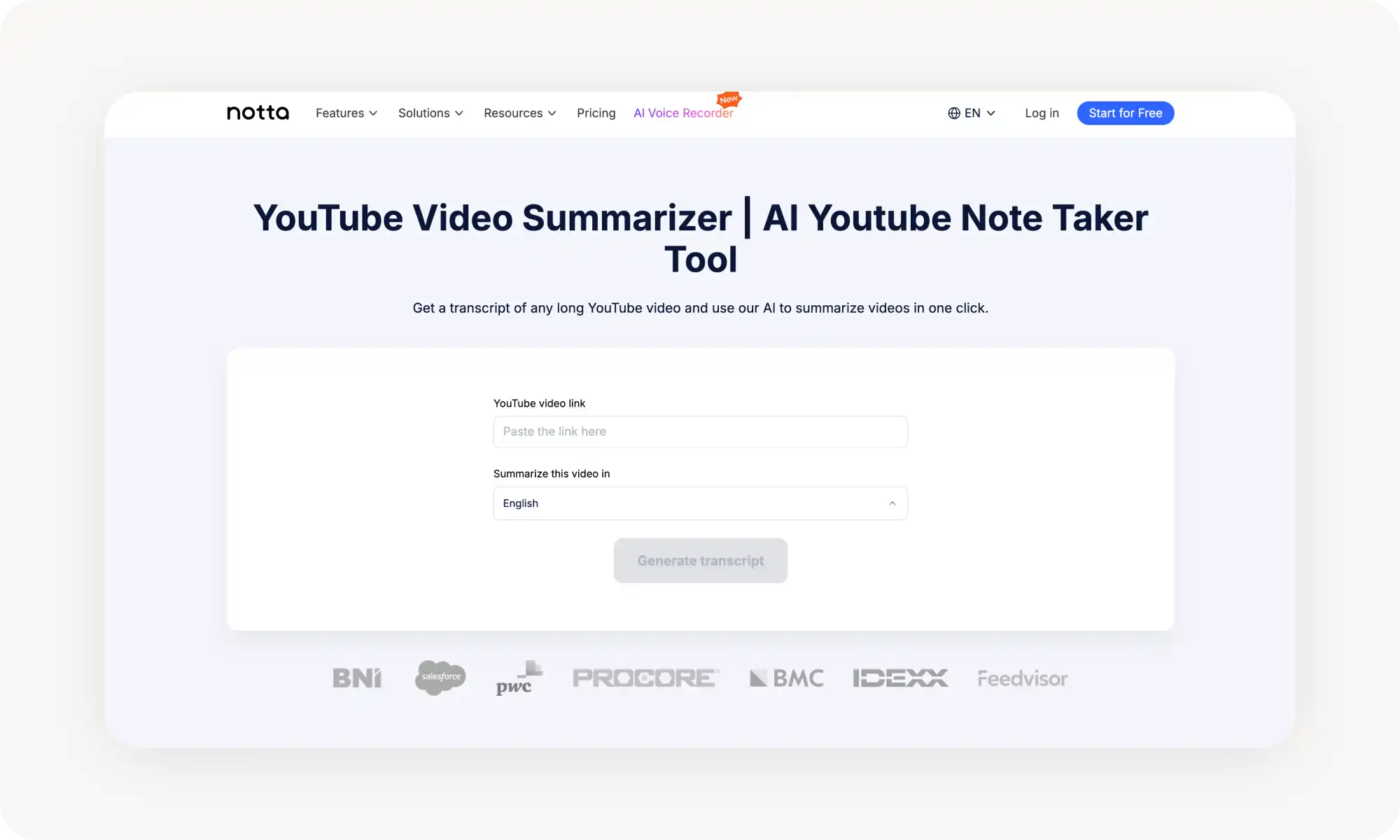 Notta YouTube video summarizer