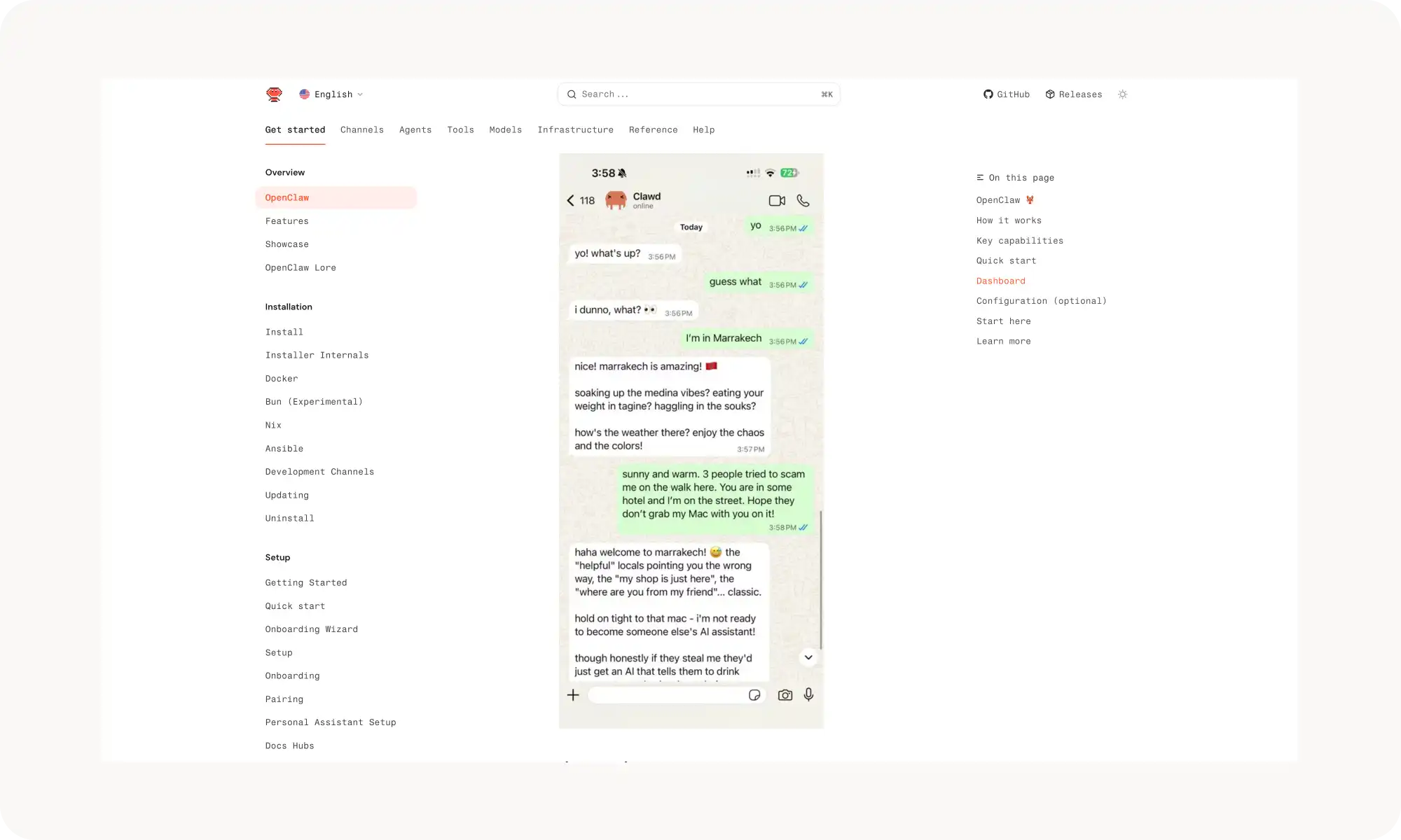 OpenClaw documentation page showing an interaction with the bot in WhatsApp