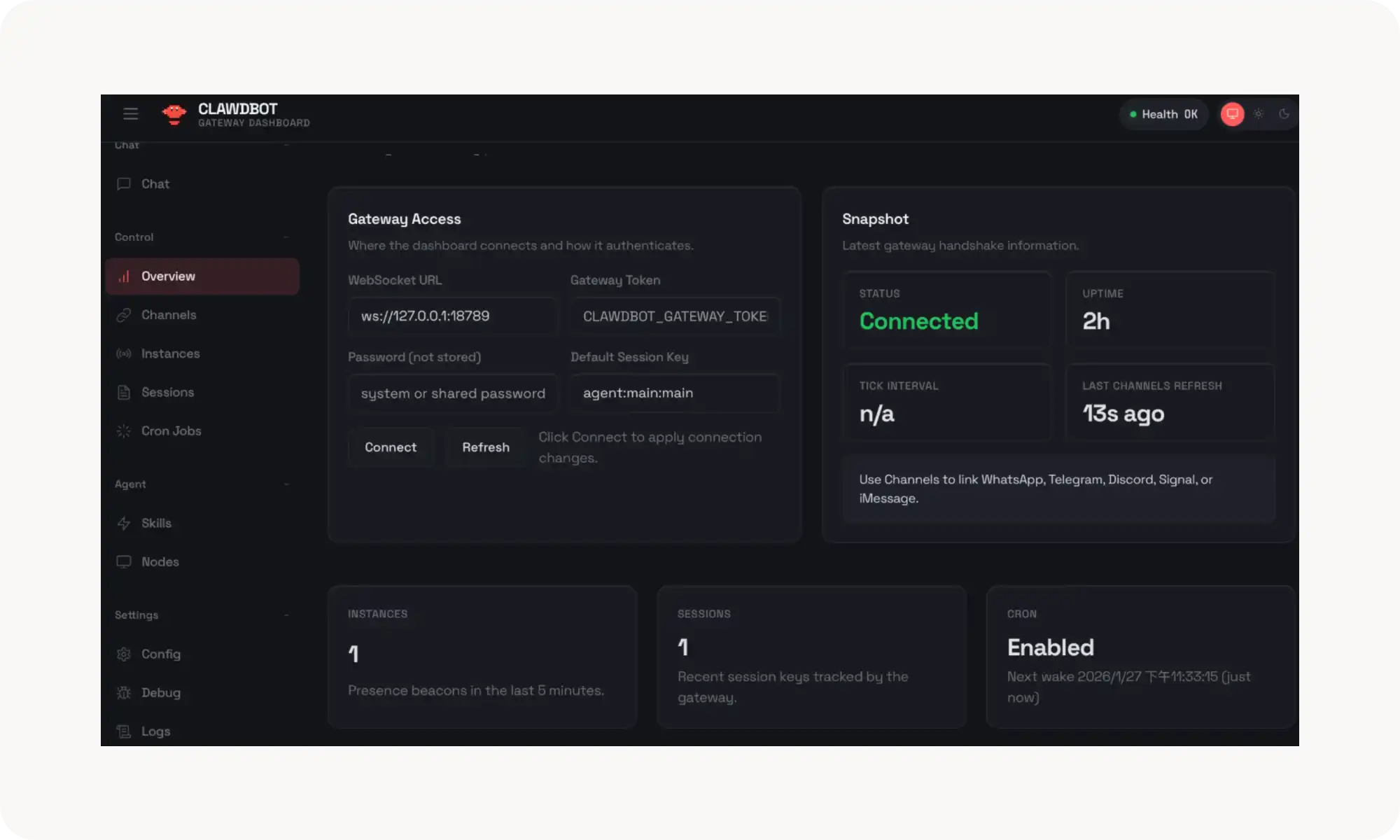 ClawdBot control panel with Gateway Access, Connected status and other controls