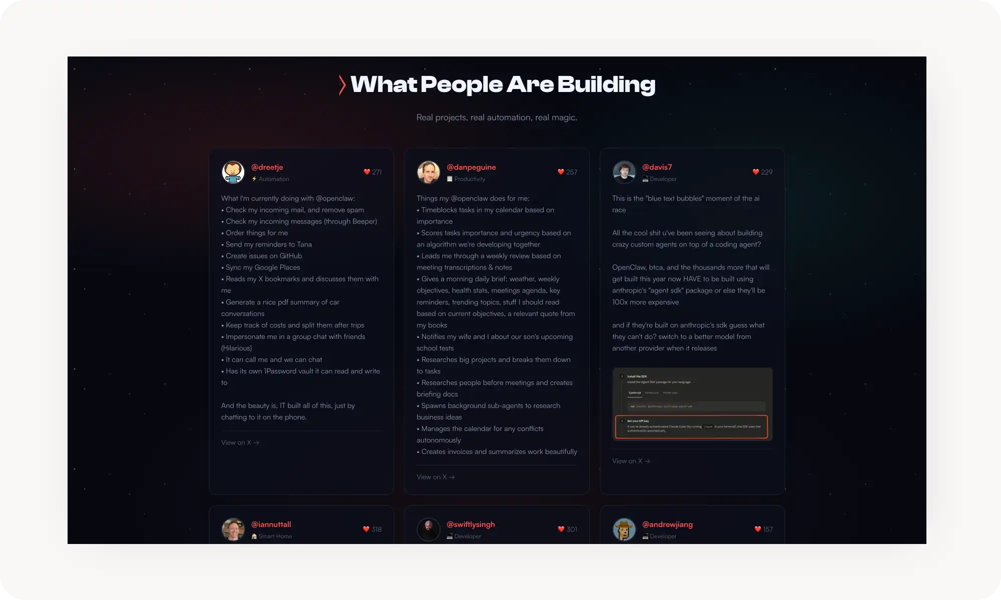 The showcase gallery of OpenClaw showing what people are building with the tool via reposts from X/Twitter