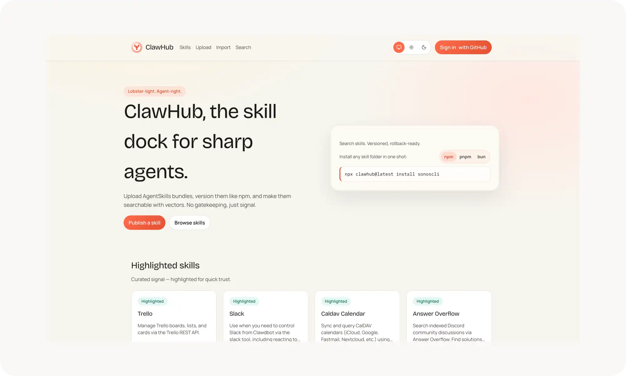 The homepage of OpenClaw skills hub — a website where the community shares skills for ClawdBot