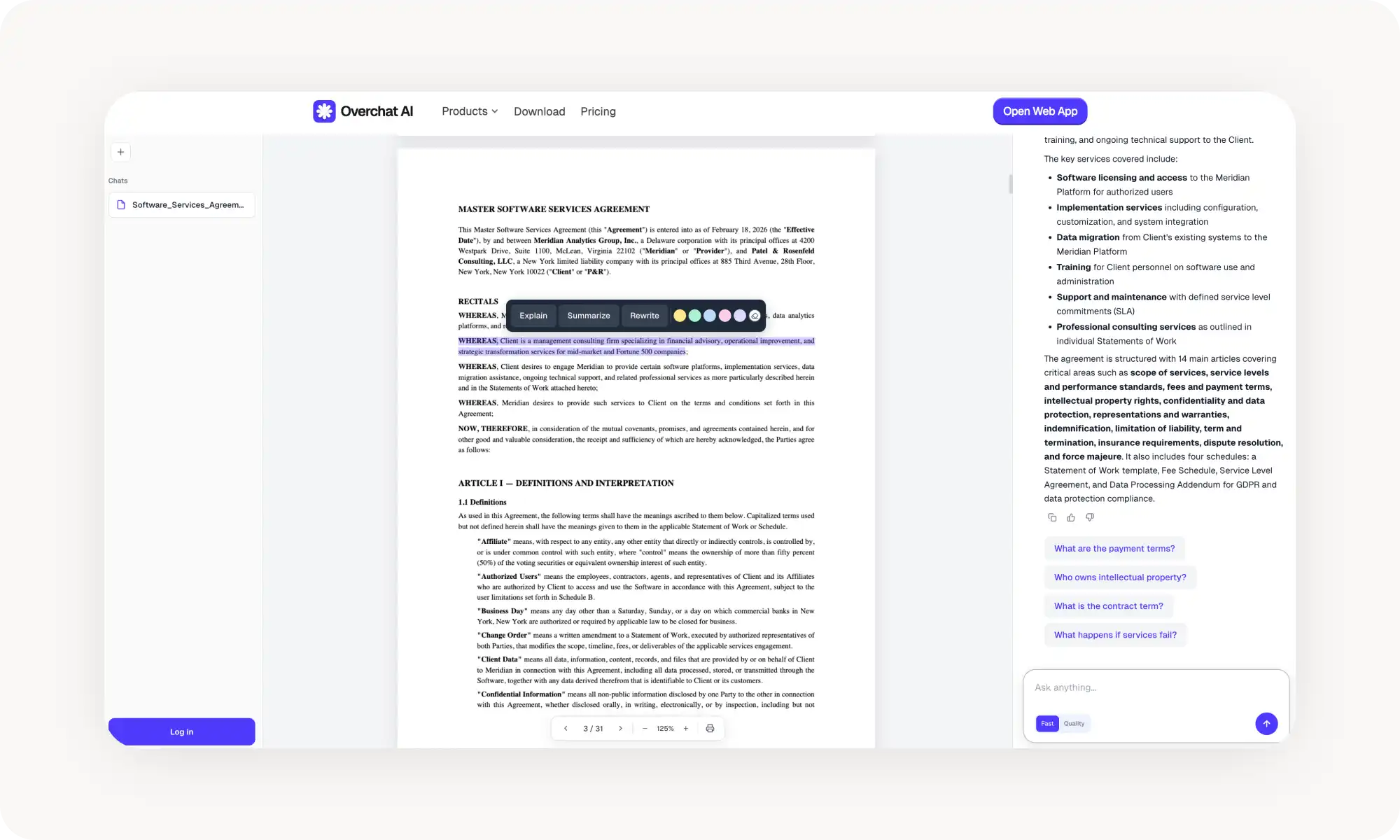 Overchat AI PDF summarizer