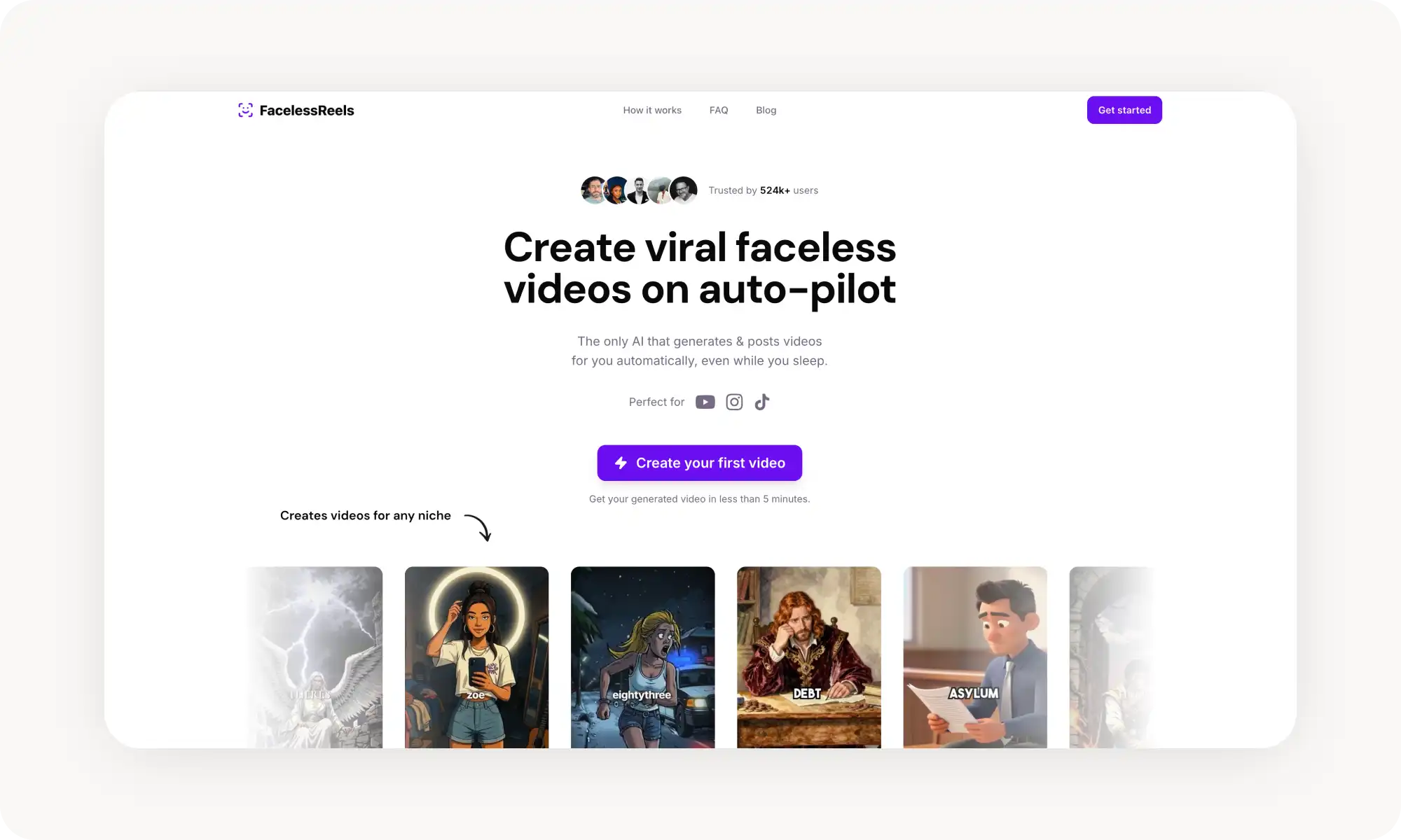 FacelessReels platform homepage
