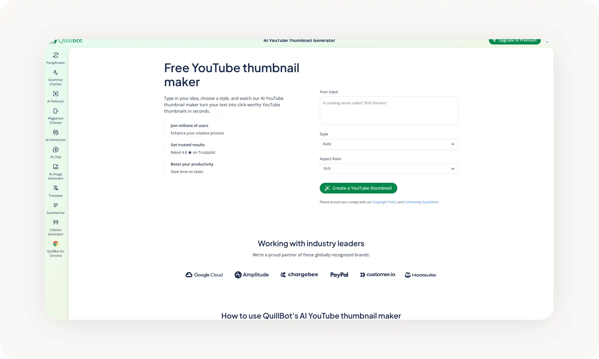 QuillBot AI YouTube thumbnail generator