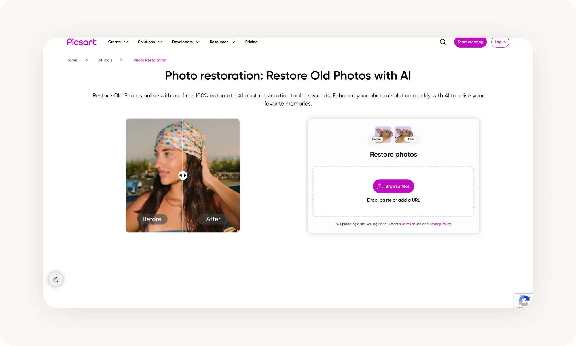 Picsart AI old photo restoration tool