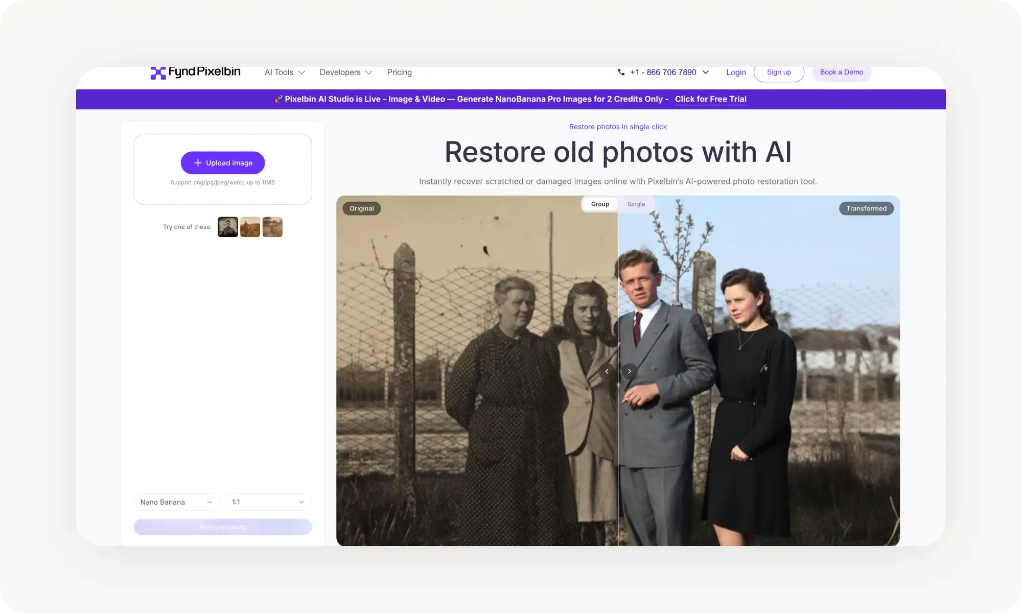 Pixelbin AI old photo restoration tool