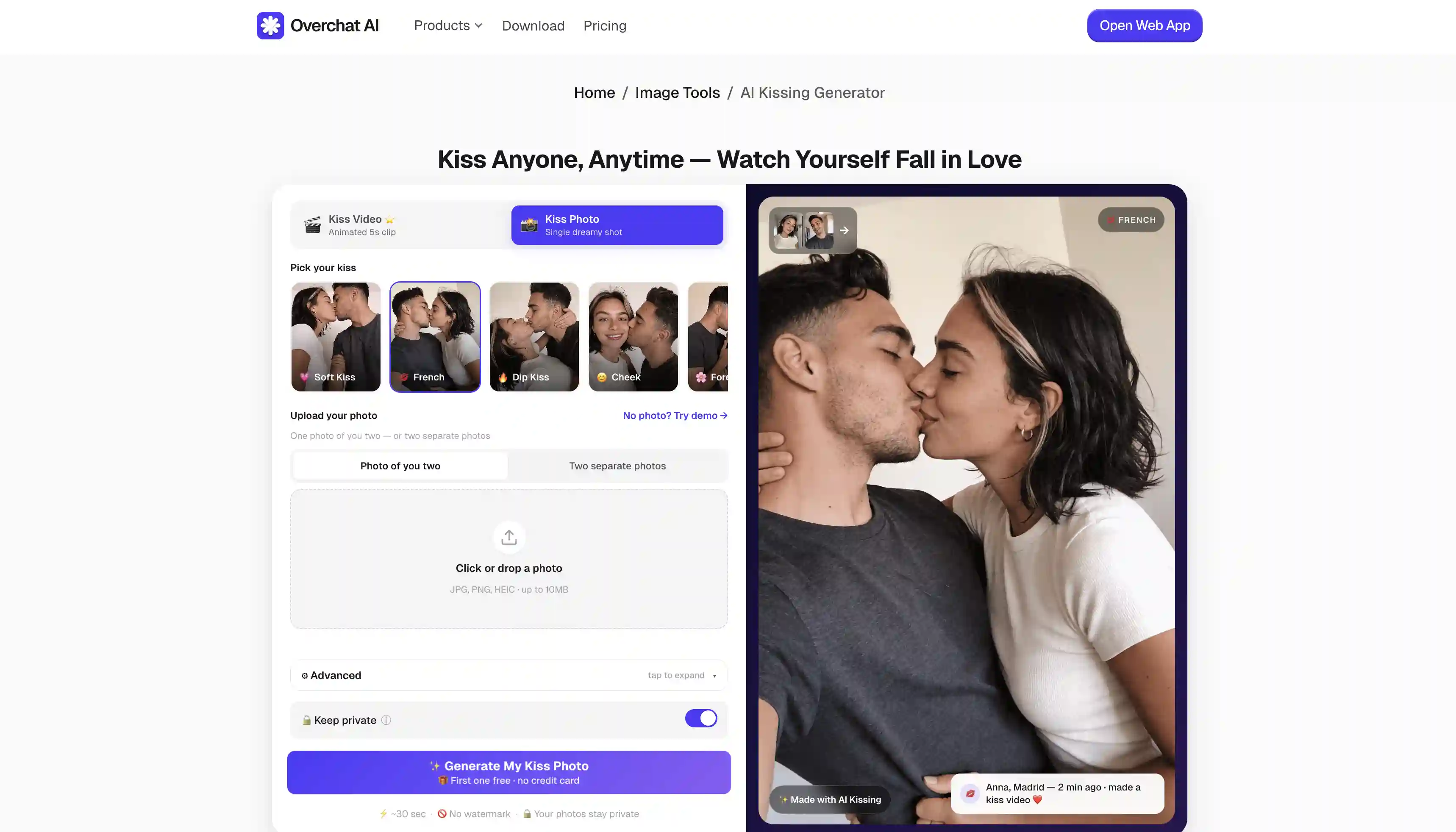 Overchat AI kissing generator