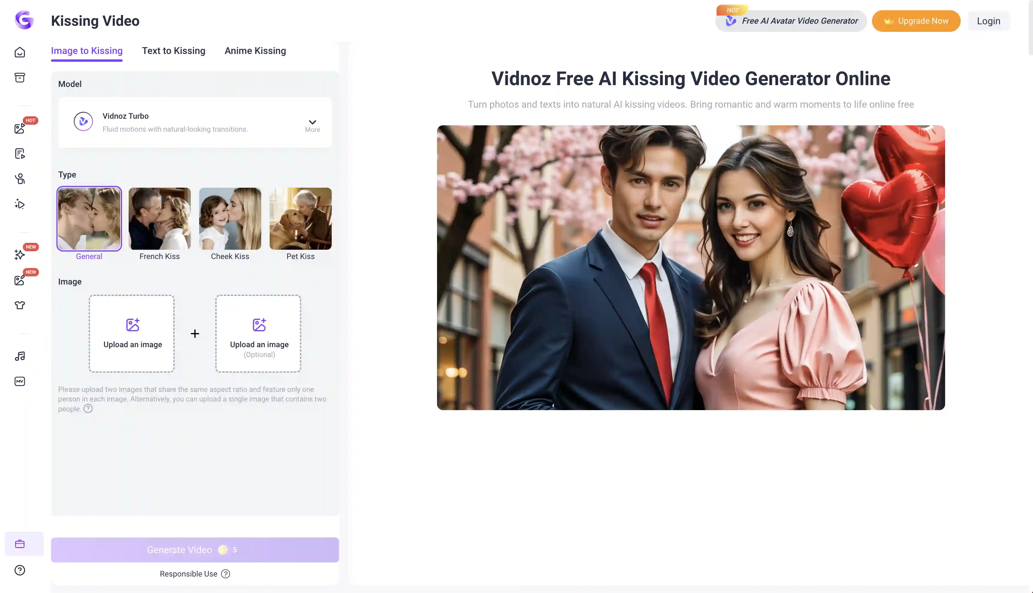 Vidnoz AI kissing generator