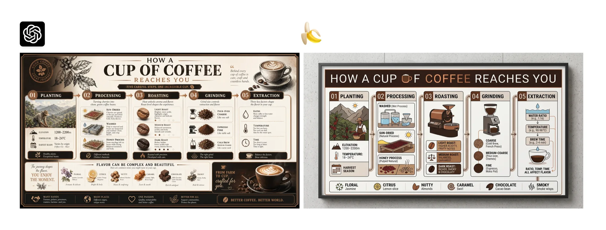 GPT Image 2 vs Nano Banana 2 results side by side showing a coffee production infographic
