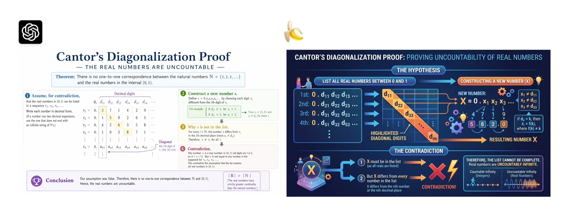 GPT Image 2 vs Nano Banana 2 results side by side, Canto's Diagonalization proof infographic