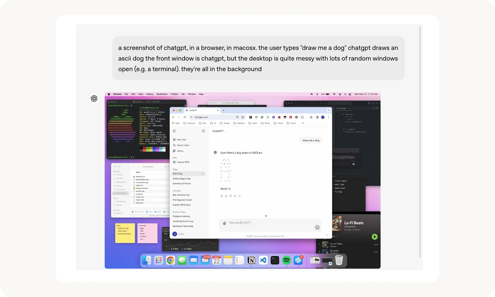 ChatGPT Image 2.0  generation result showing a MacOS interface with multiple open windows, ChatGPT open in Safari in the foreground
