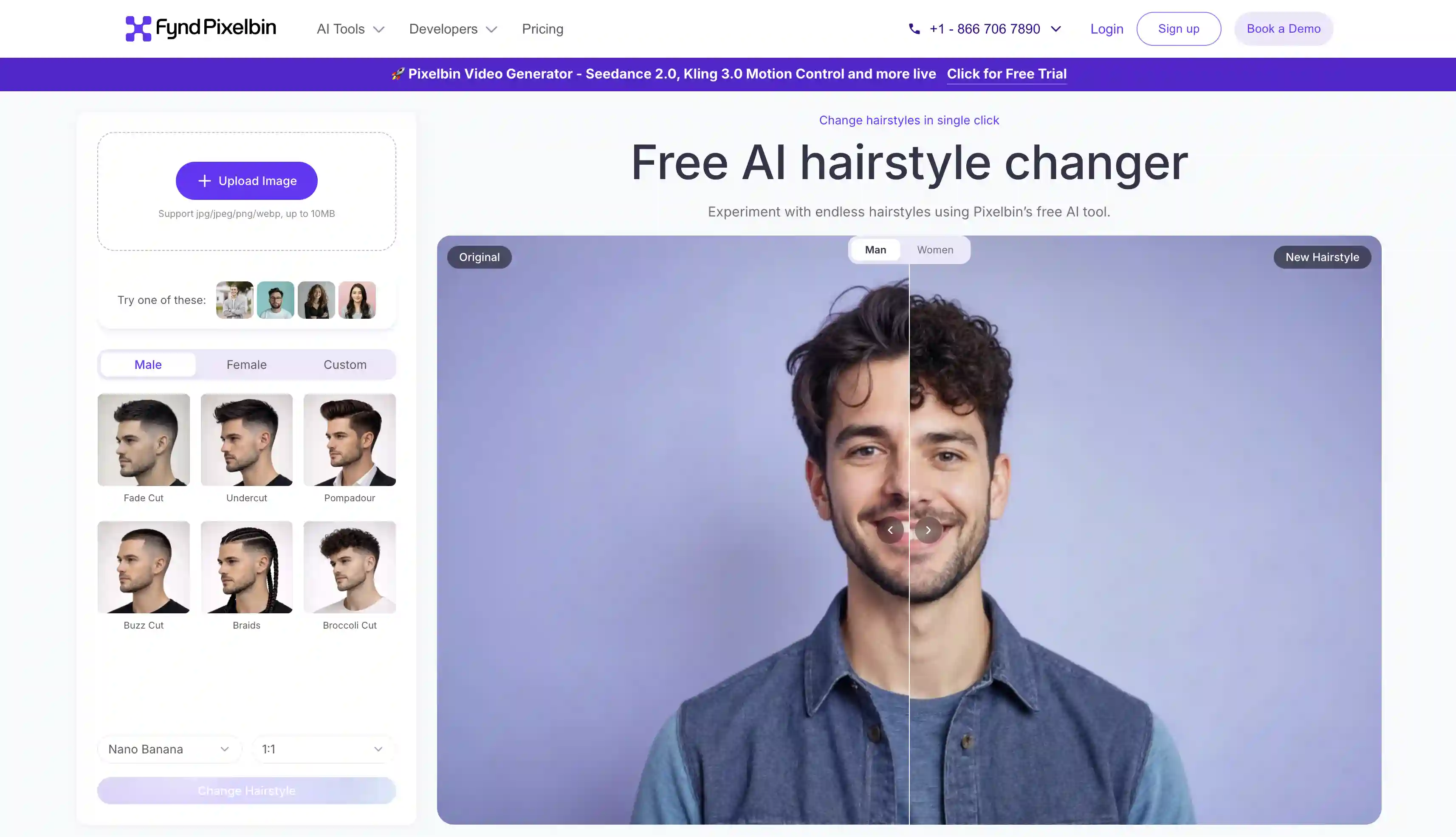 PixelBin AI hairstyle changer