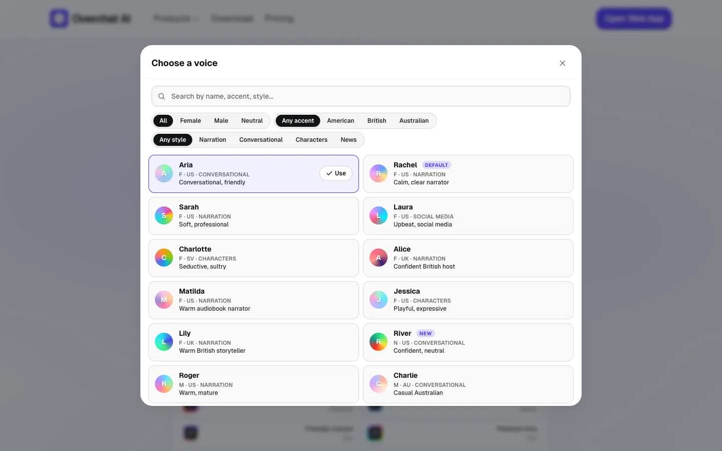Overchat AI TTS landing voice picker