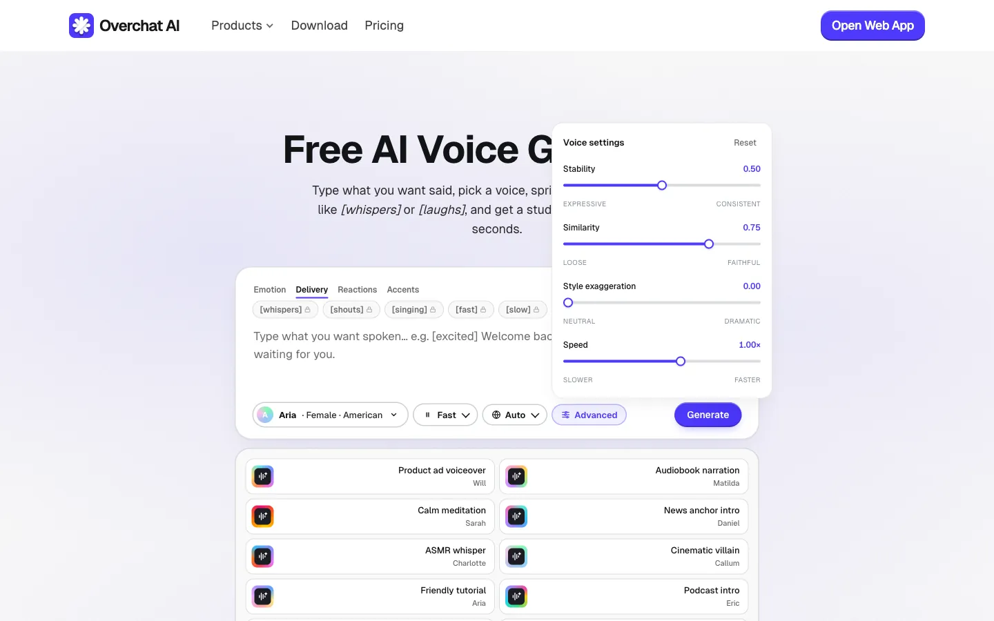 Overchat AI TTS advanced settings menu