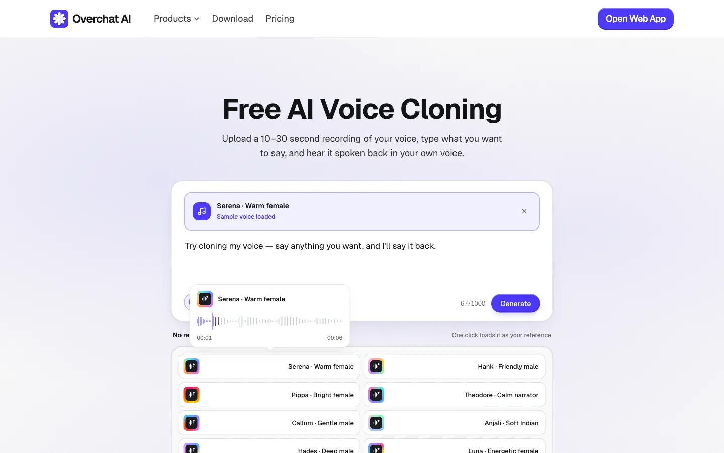 Overchat AI voice cloning sample text