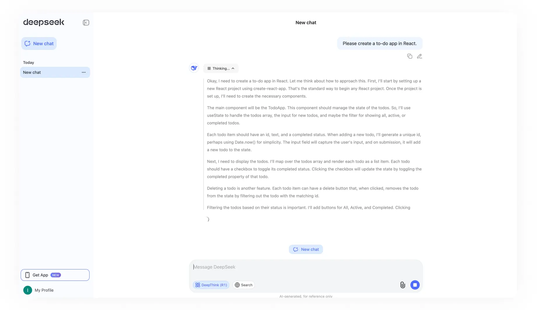 A DeepSeek chatbot interface opened on a chat, showing DeepSeek's DeepThinking mode