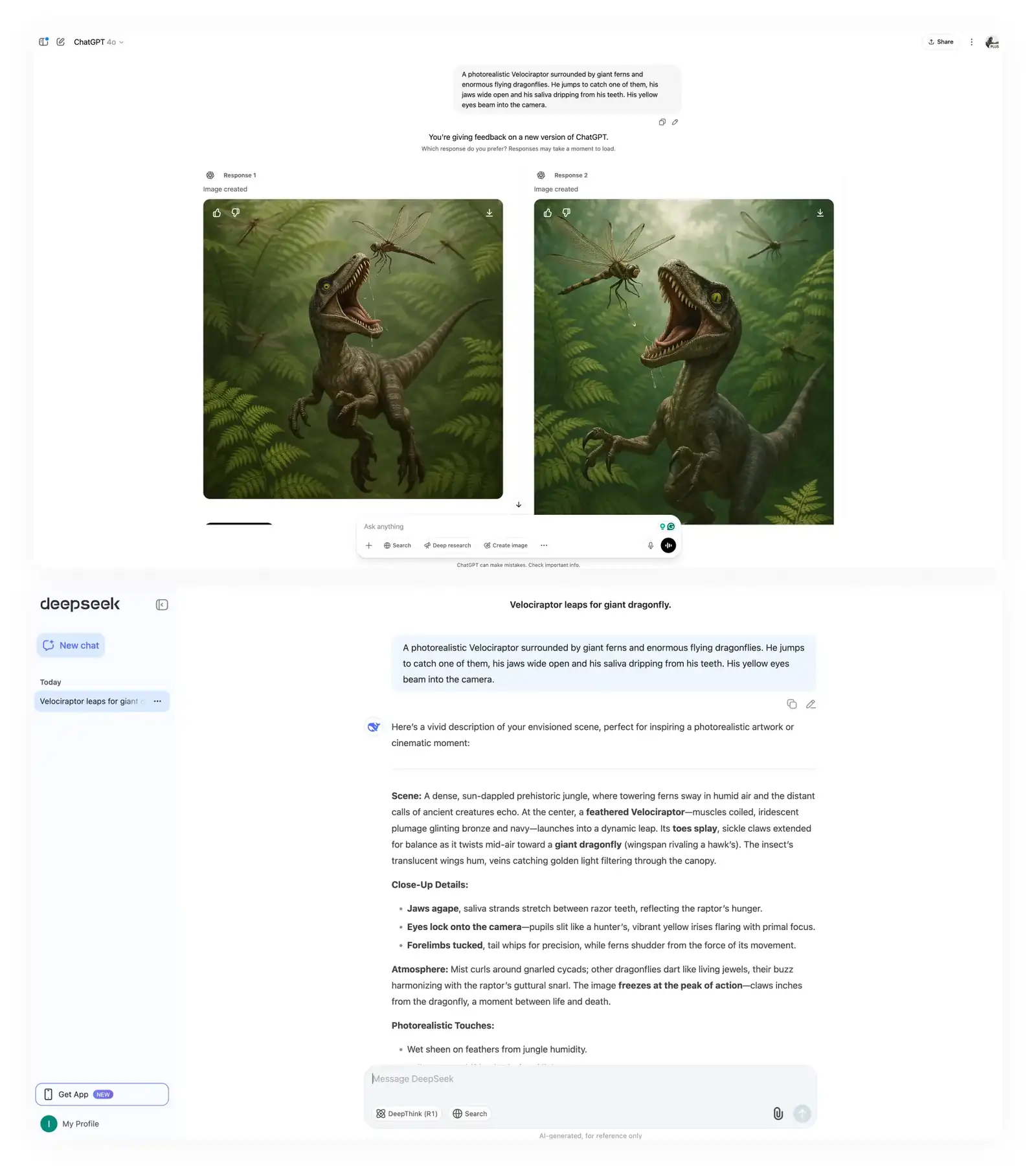 A side by side comparison of ChatGPT vs DeepSeek showing ChatGPT generating an image and DeepSeek describing the image using words
