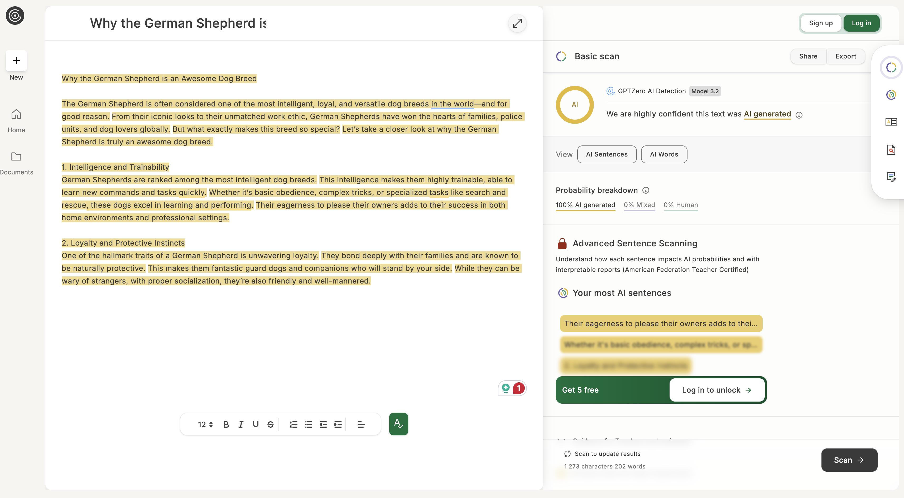 GPTZeroflags a German Shepherd article as 100% AI-generated with 18 AI phrases detected.