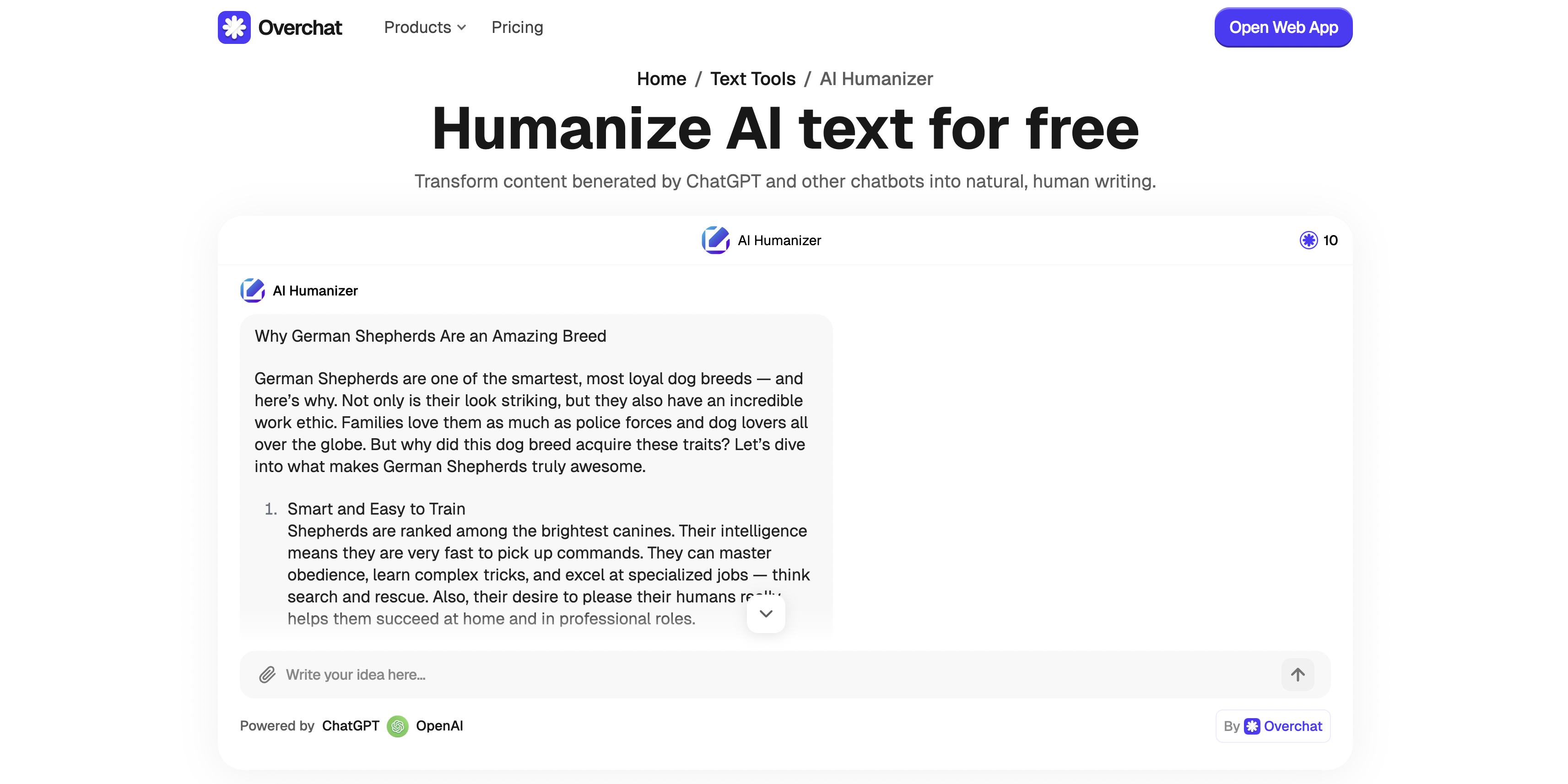 Overchat's AI Humanizer tool rewrites the article to sound more natural and human-like.