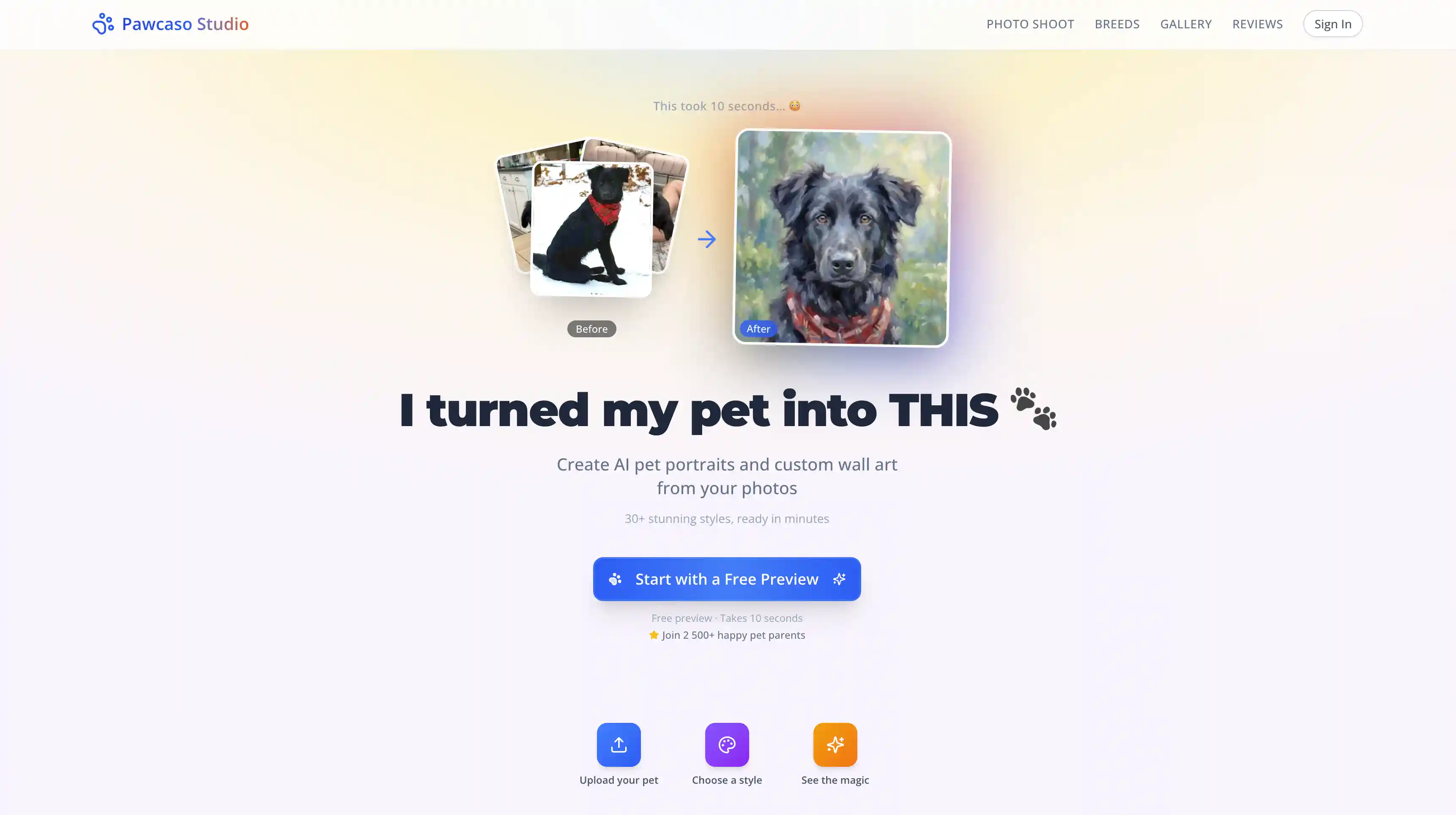 Pawcaso AI pet portrait generator