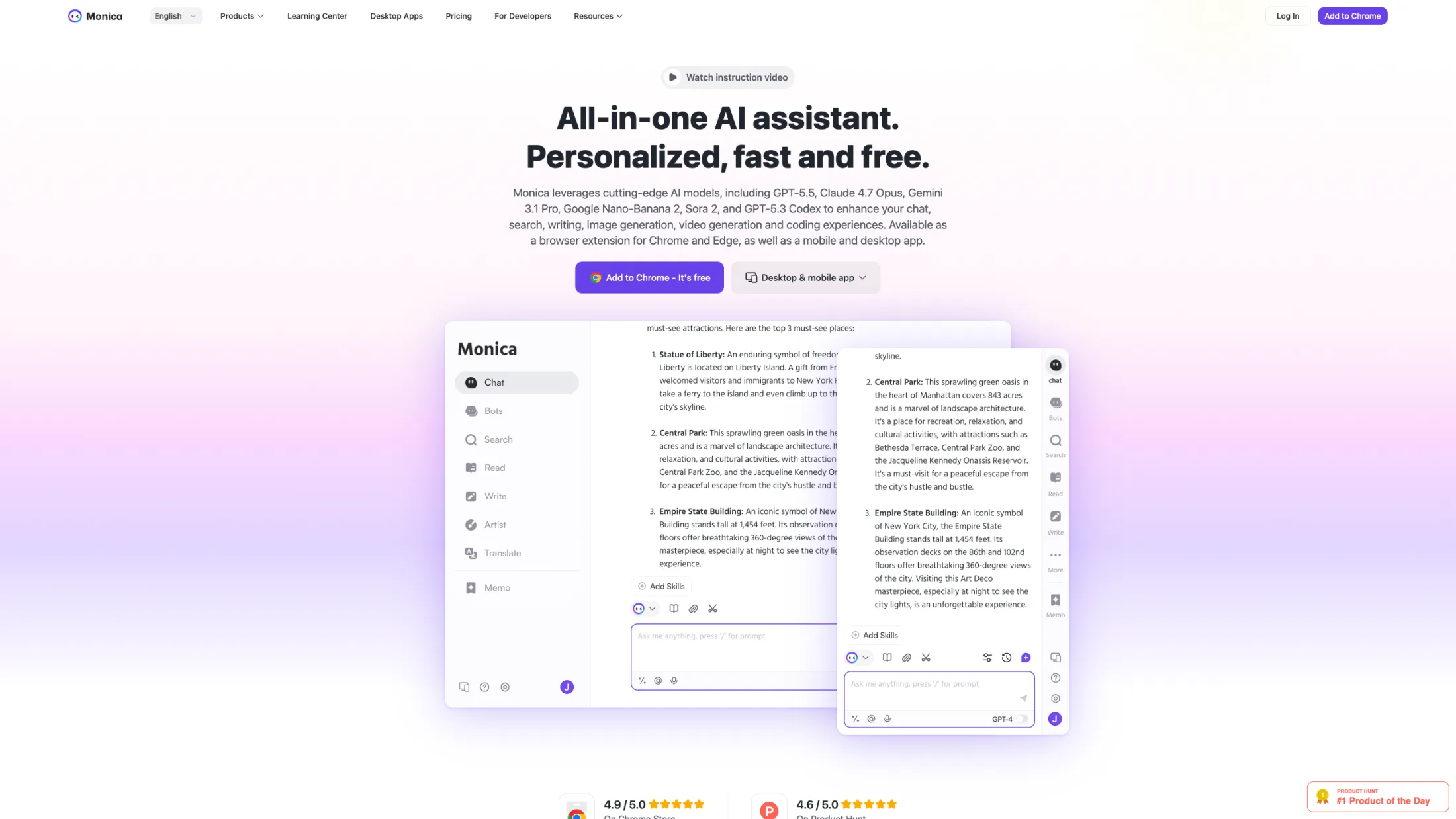 Monica AI all-in-one assistant homepage