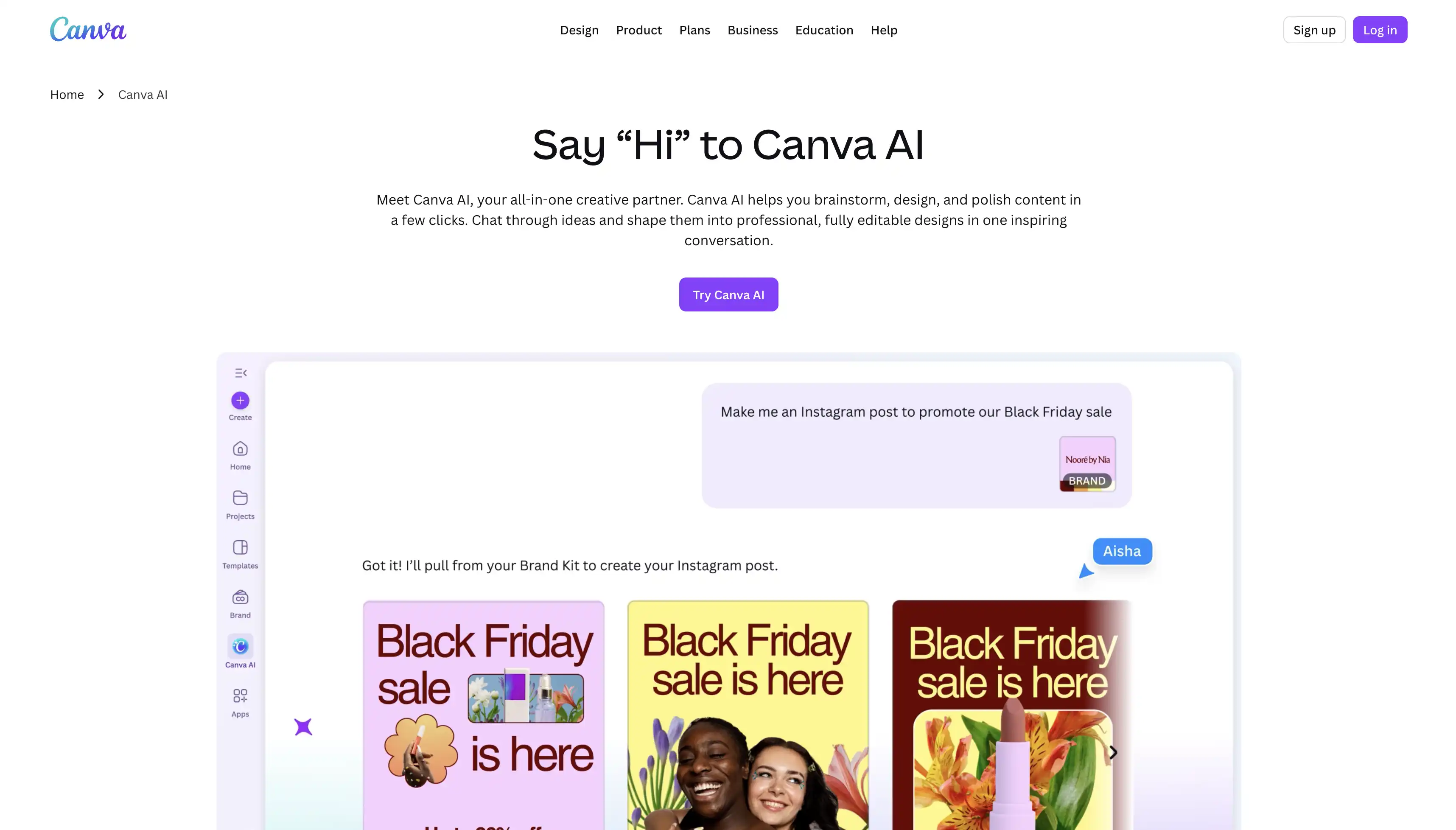 Canva AI assistant homepage