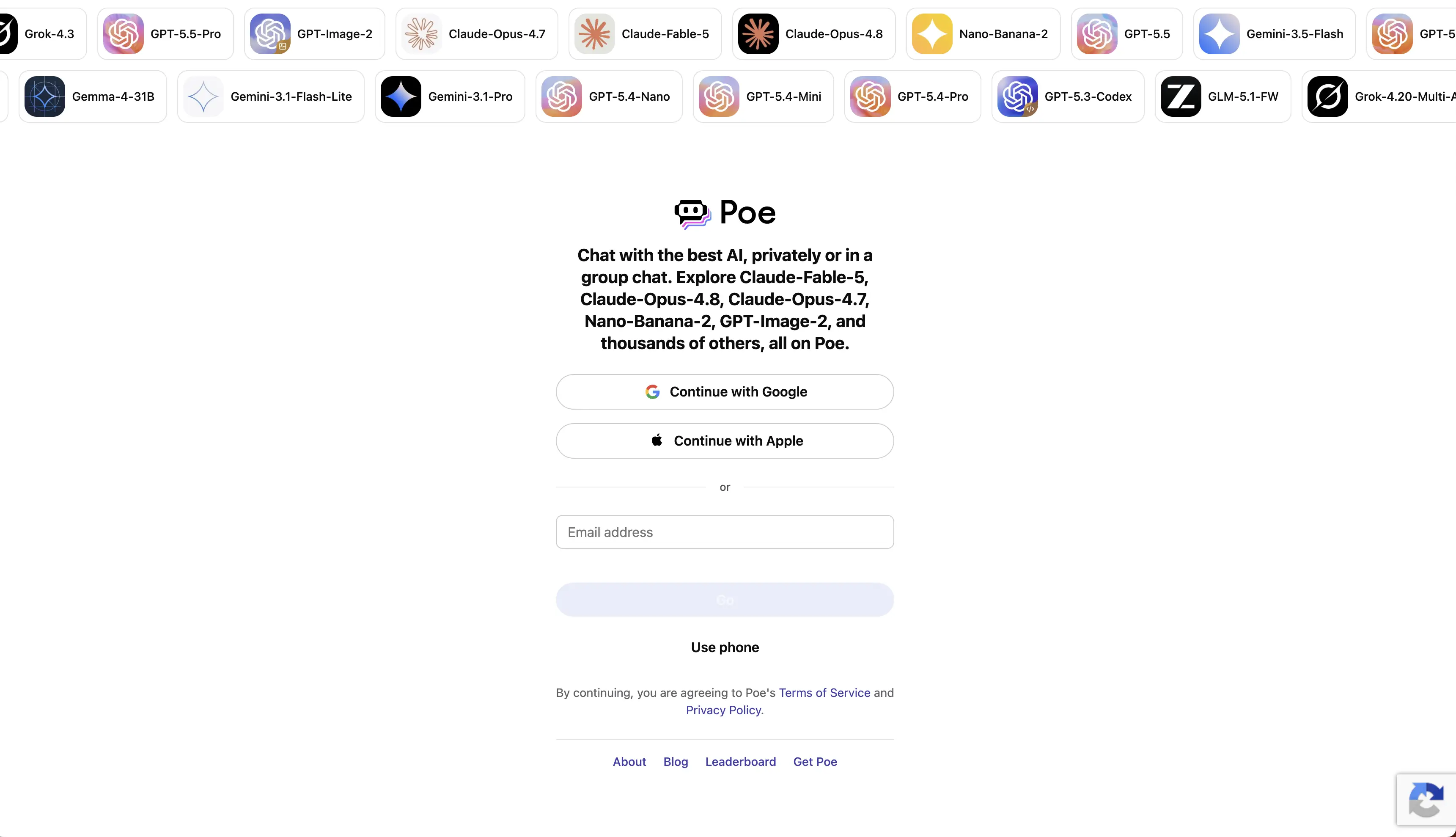 Poe by Quora homepage with model selection