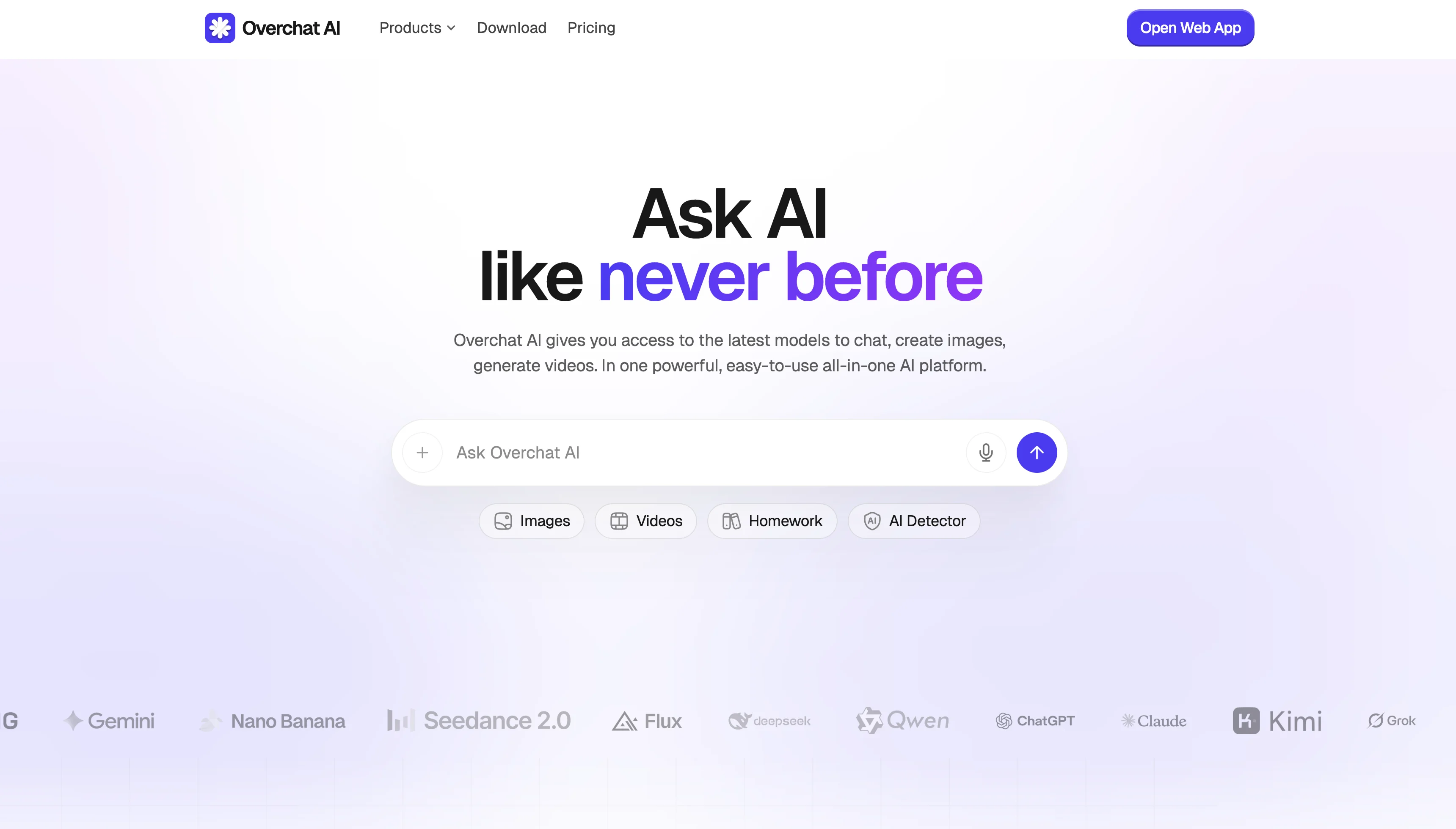 Overchat AI homepage — all-in-one AI platform