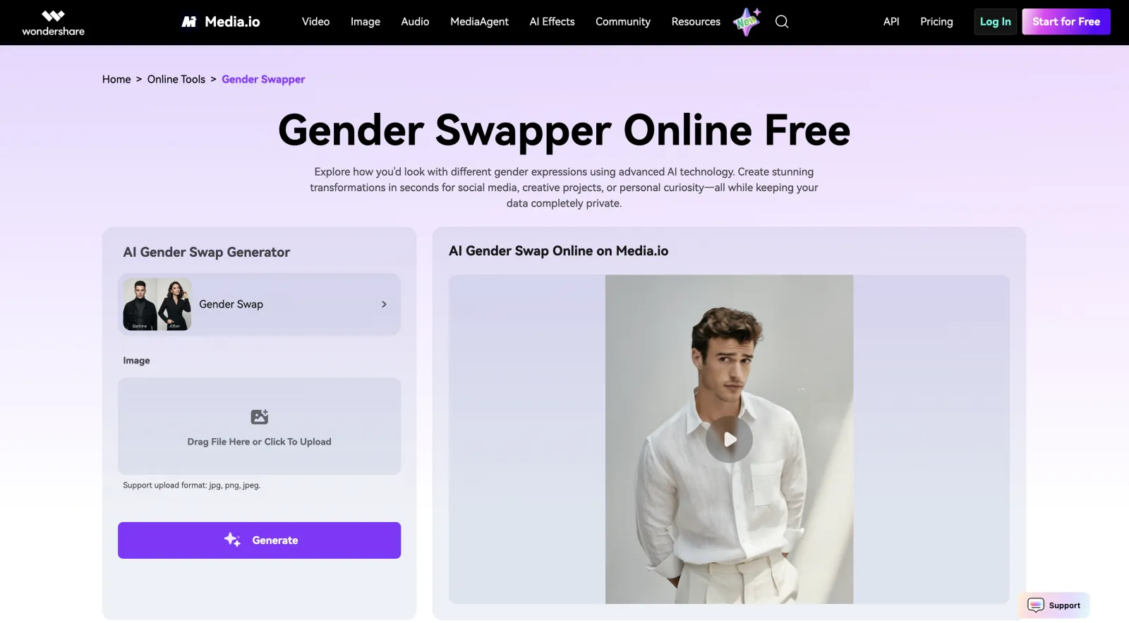 Media.io gender swap tool