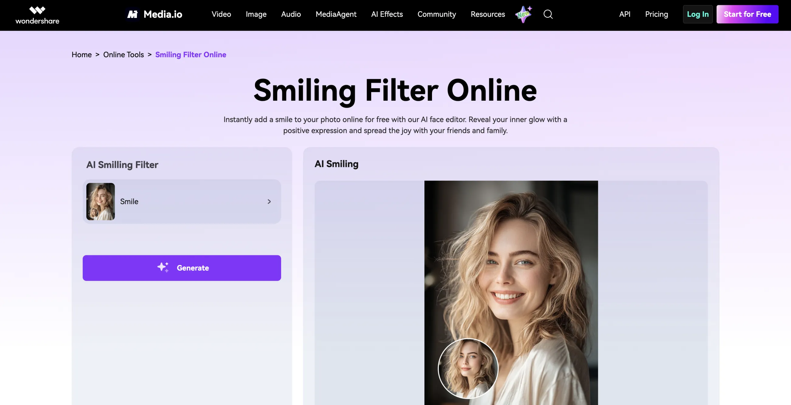 Media.io AI smile filter