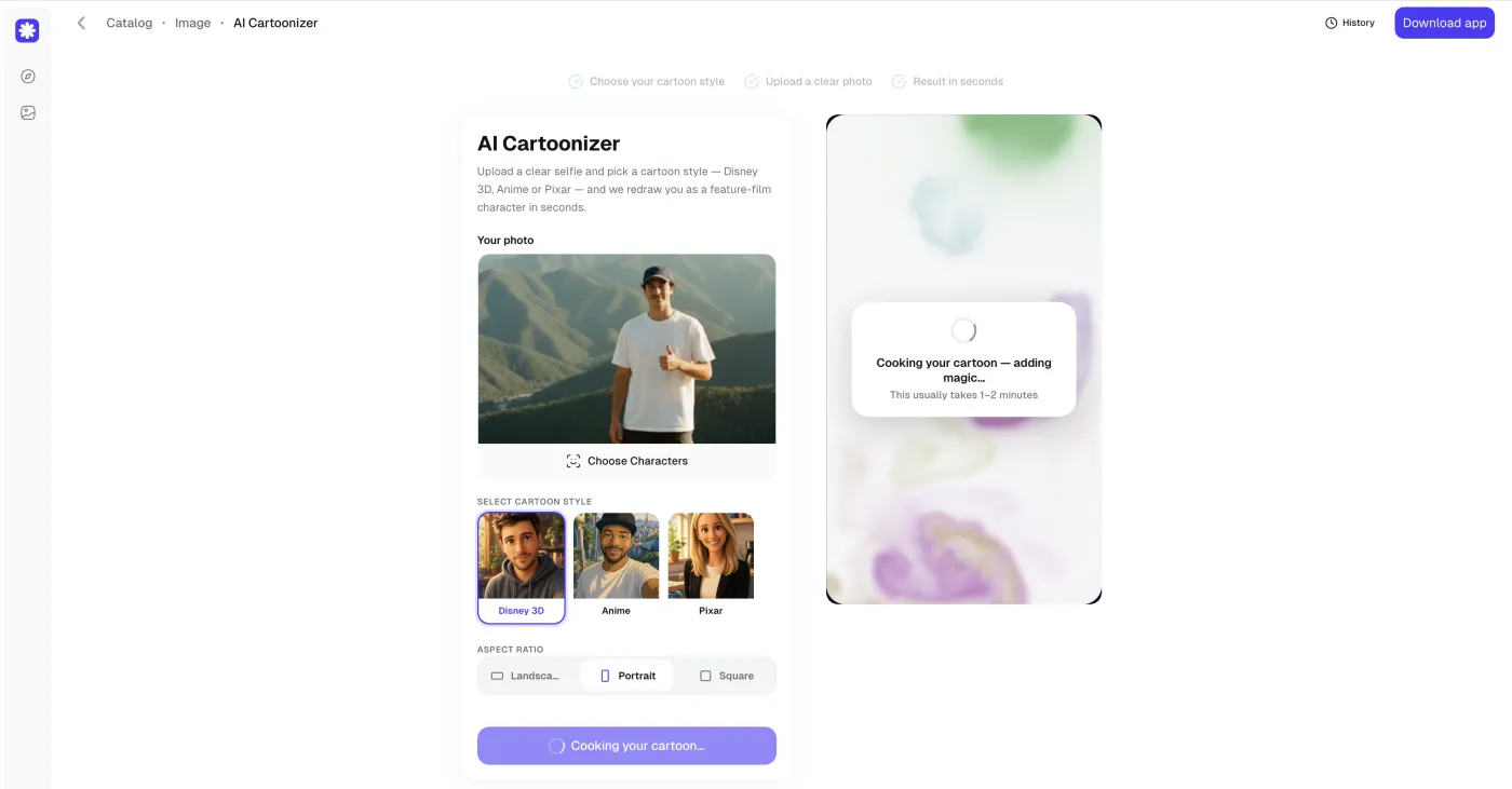 The Overchat AI Cartoonizer processing a photo into a cartoon