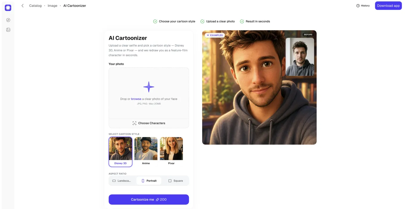 Overchat AI Cartoonizer with Disney 3D, Anime, and Pixar style options